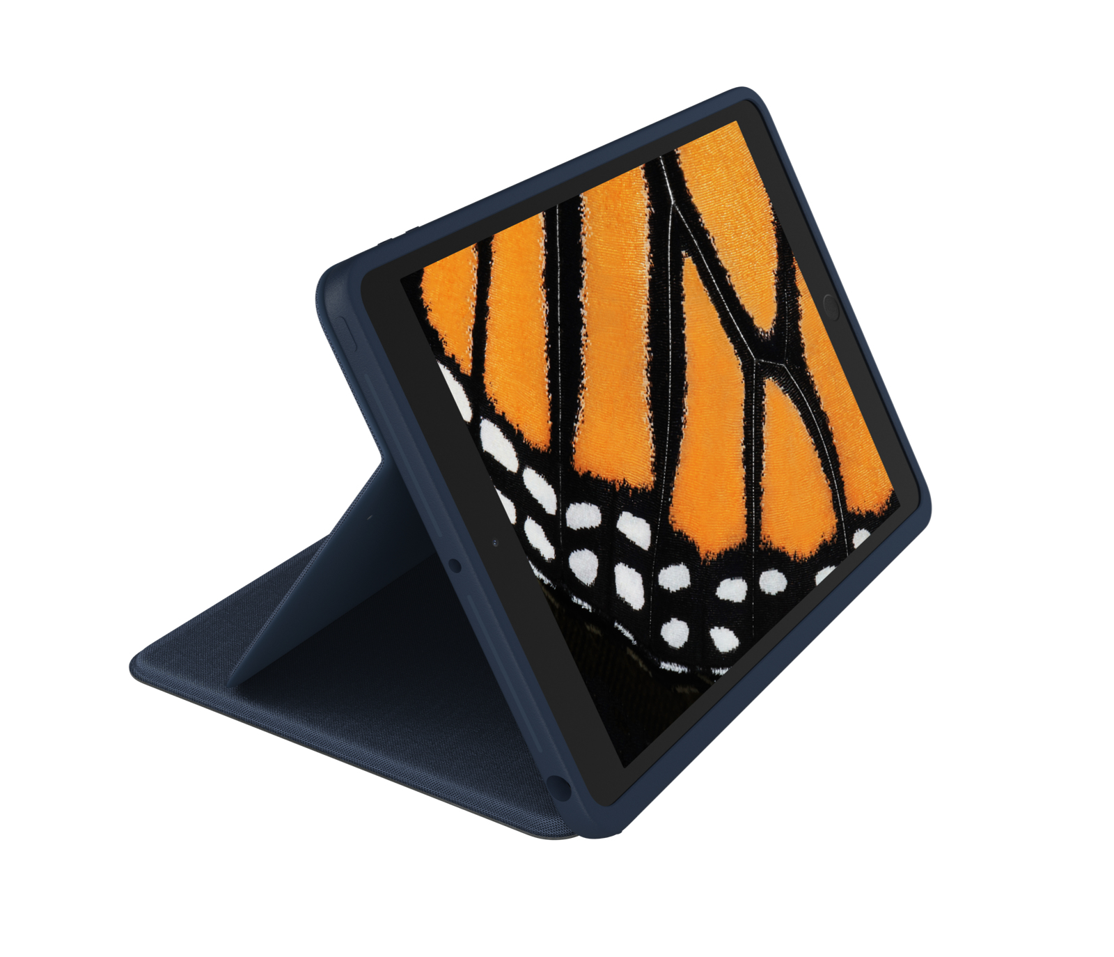 Tableta en una funda azul, pantalla de ala de mariposa.