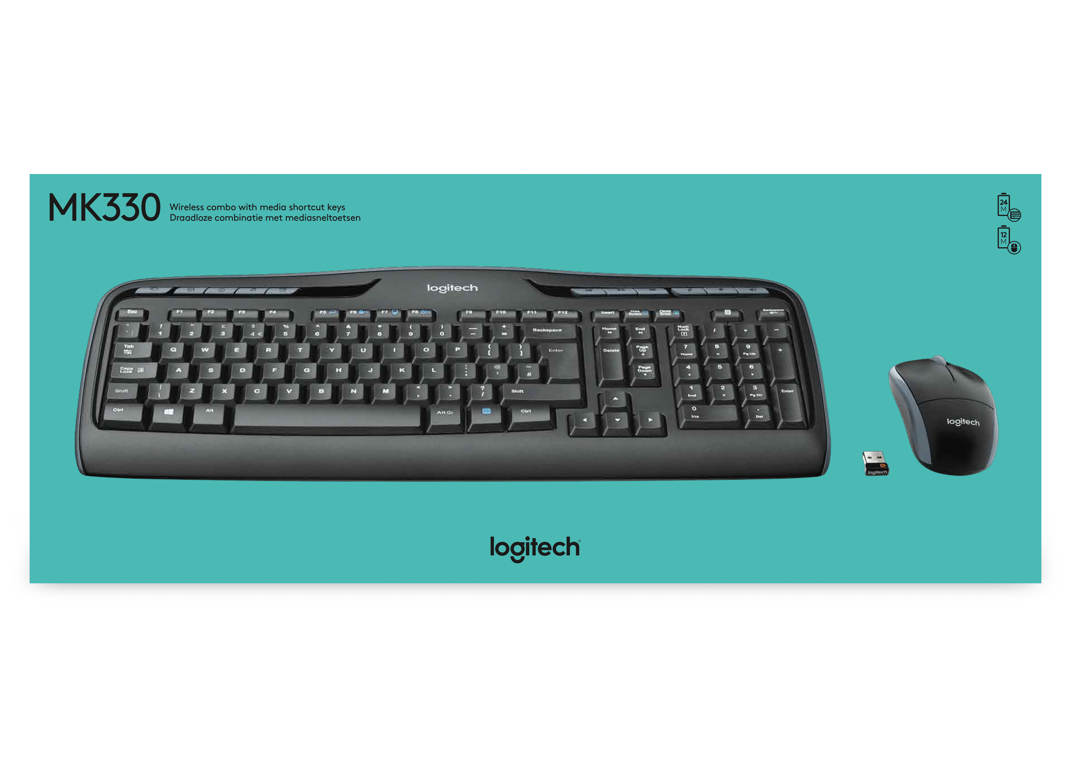 Czarny zestaw klawiatura i mysz Logitech na turkusowym tle z logo Logitech.