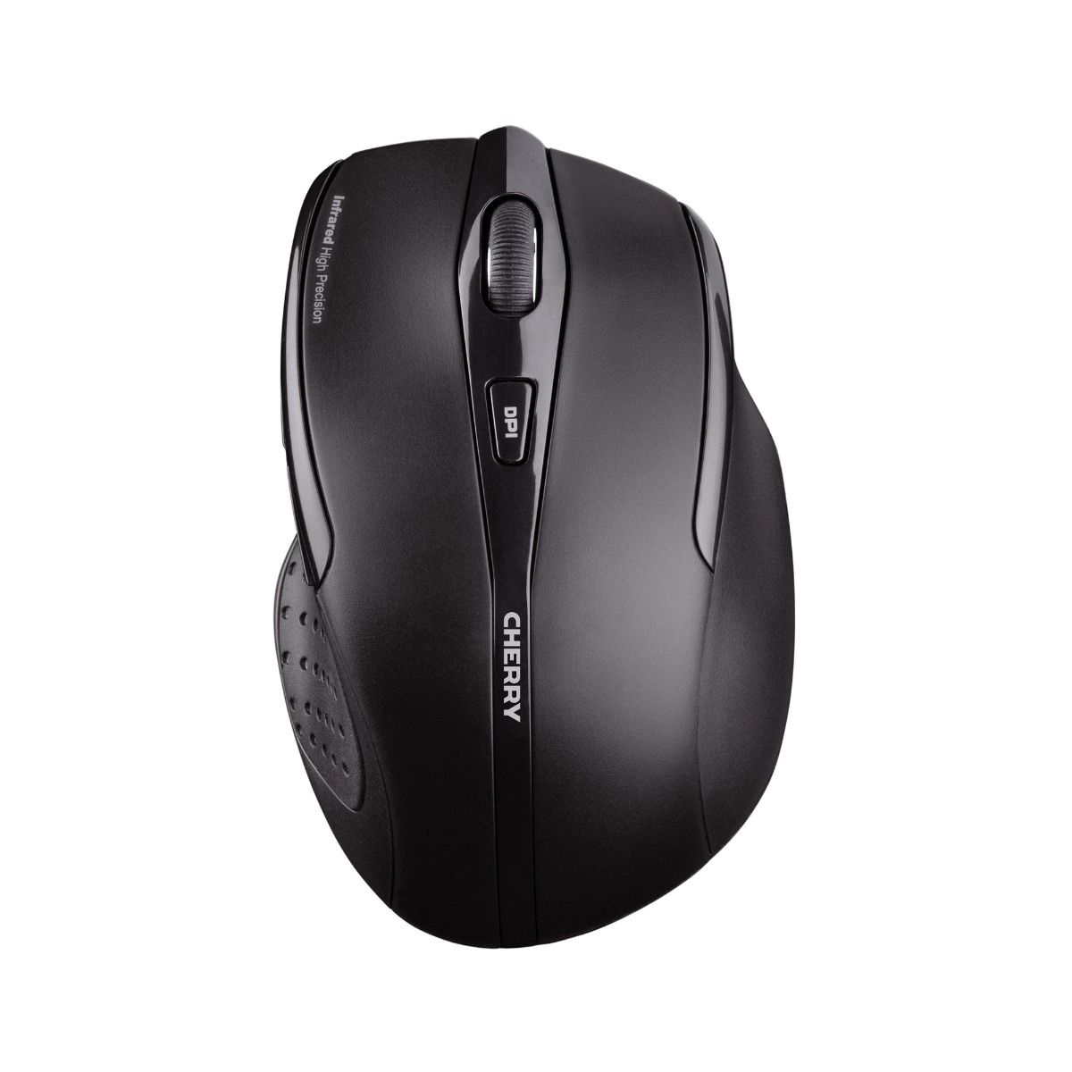 Mouse Cherry nero su sfondo bianco. Ha una rotella di scorrimento, un pulsante DPI e un design angolato.
