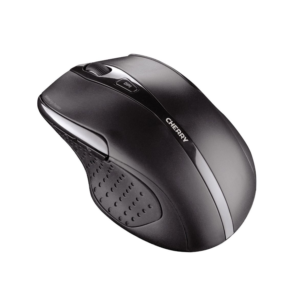 Un mouse CHERRY nero con rotella di scorrimento argentata, pulsante DPI e marchio CHERRY.