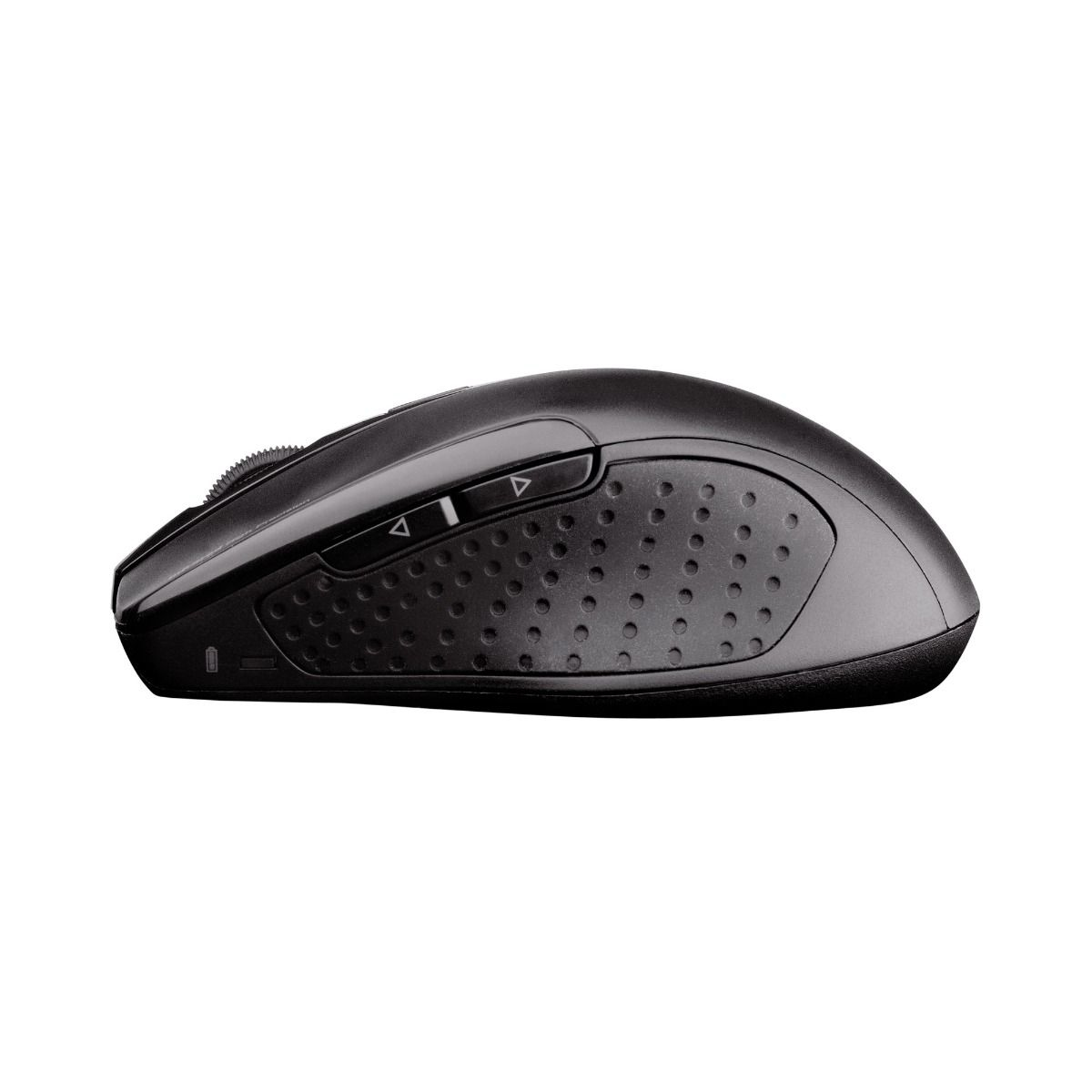 Un mouse wireless nero con pulsanti avanti/indietro e una rotella di scorrimento.