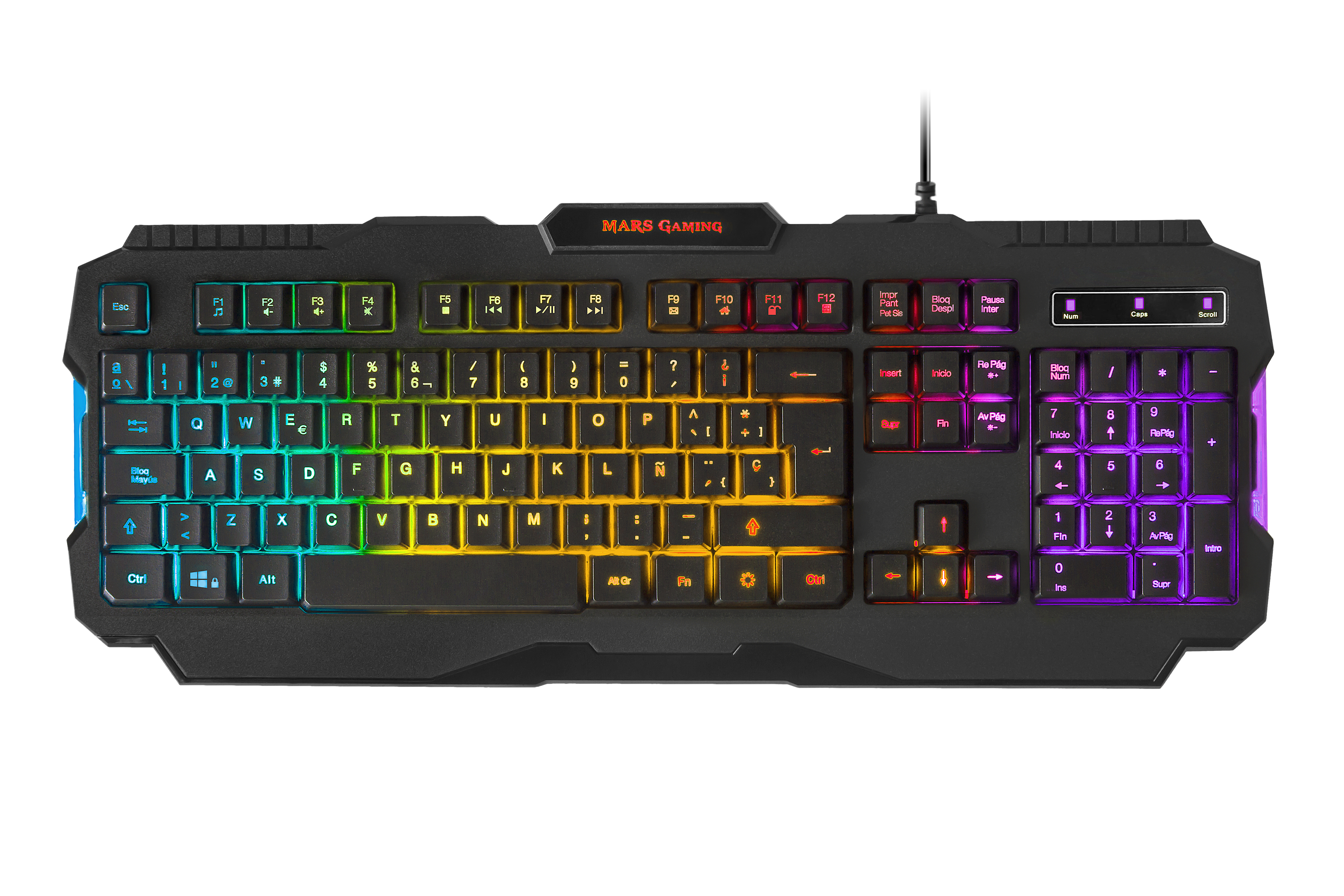 Czarna klawiatura do gier z tęczowymi podświetlanymi klawiszami.