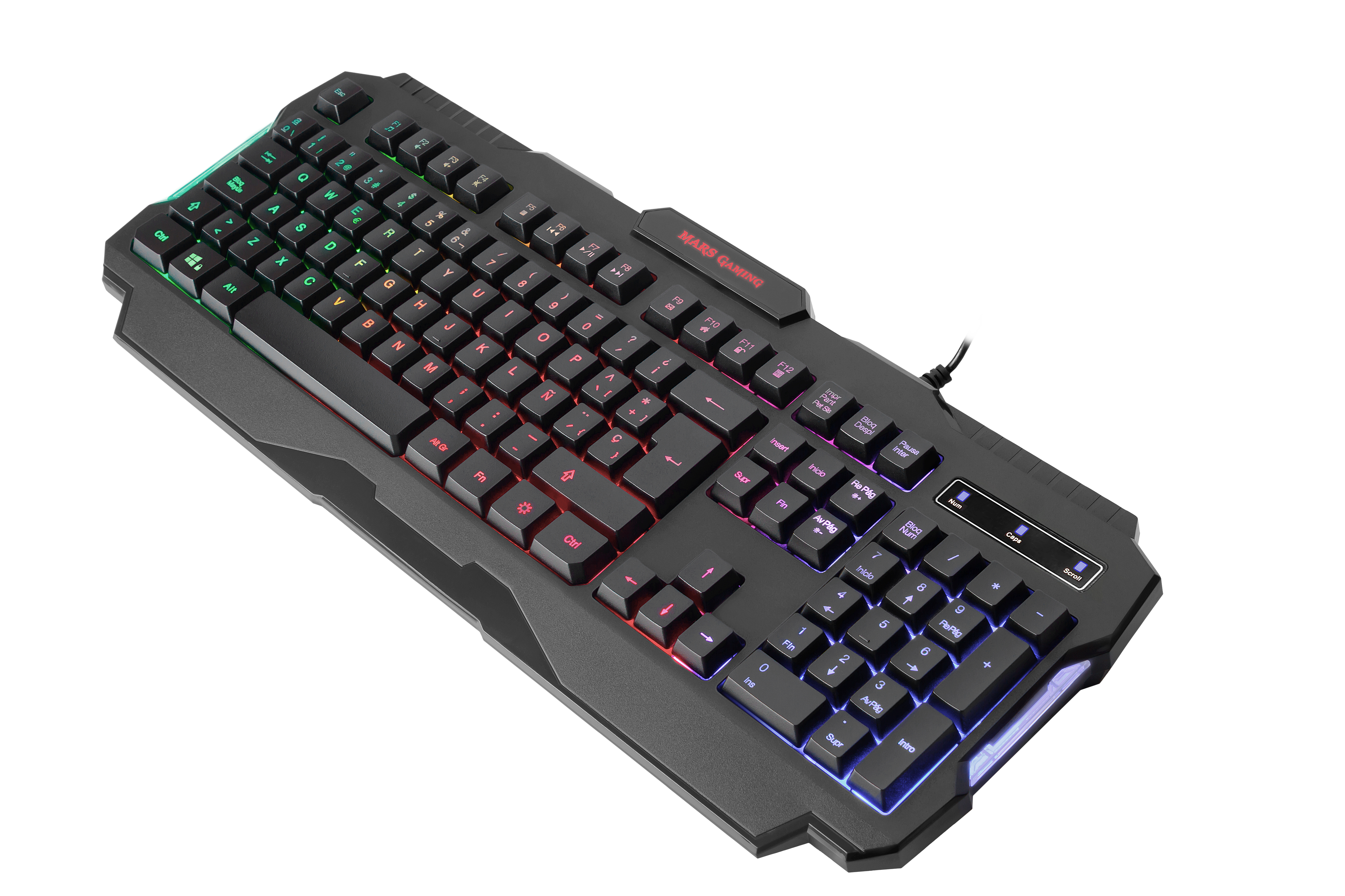Czarna klawiatura do gier z kolorowymi światłami. Klawiatura jest skierowana w stronę widza.