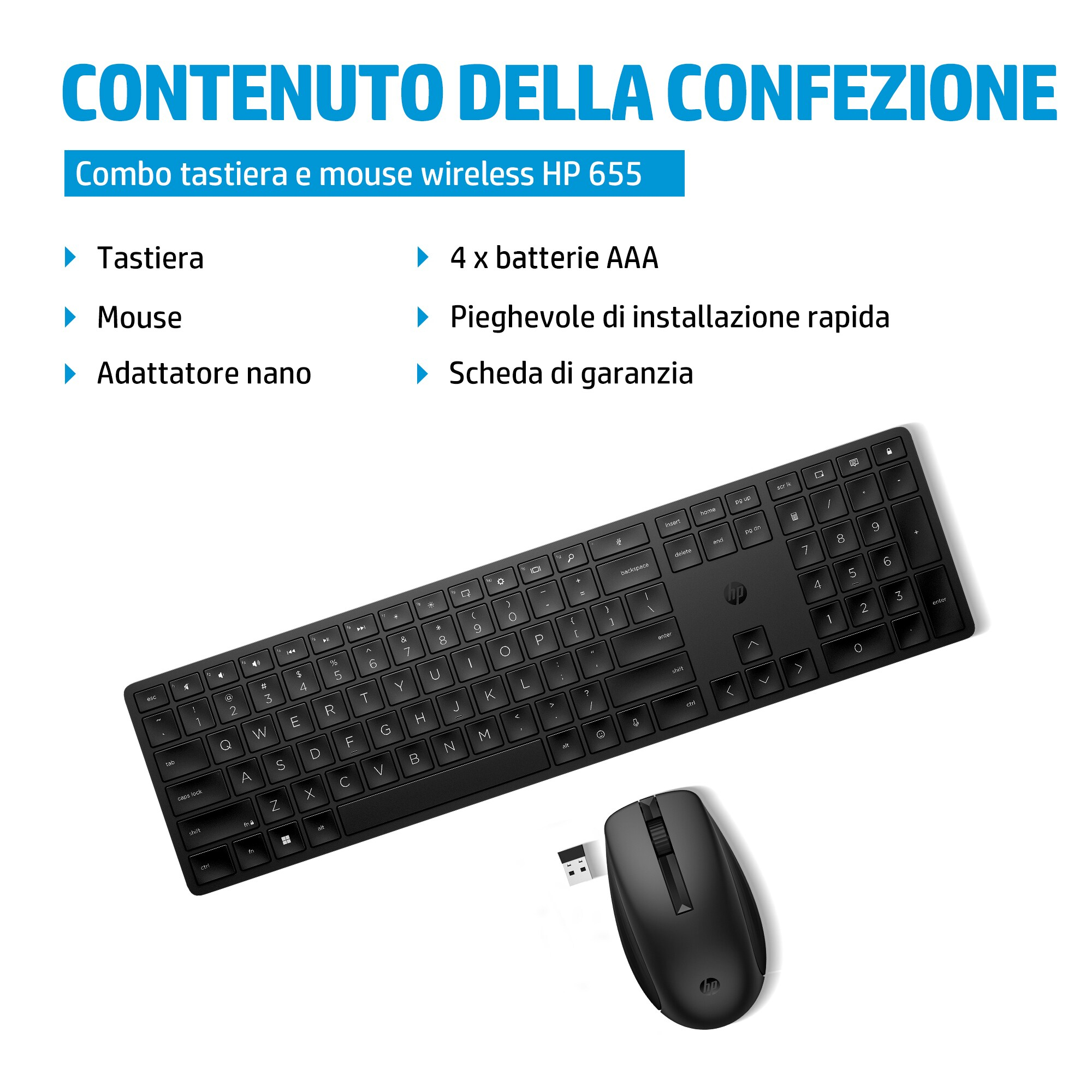 Una tastiera e un mouse neri, con testo in italiano: 'CONTENUTO DELLA CONFEZIONE'.