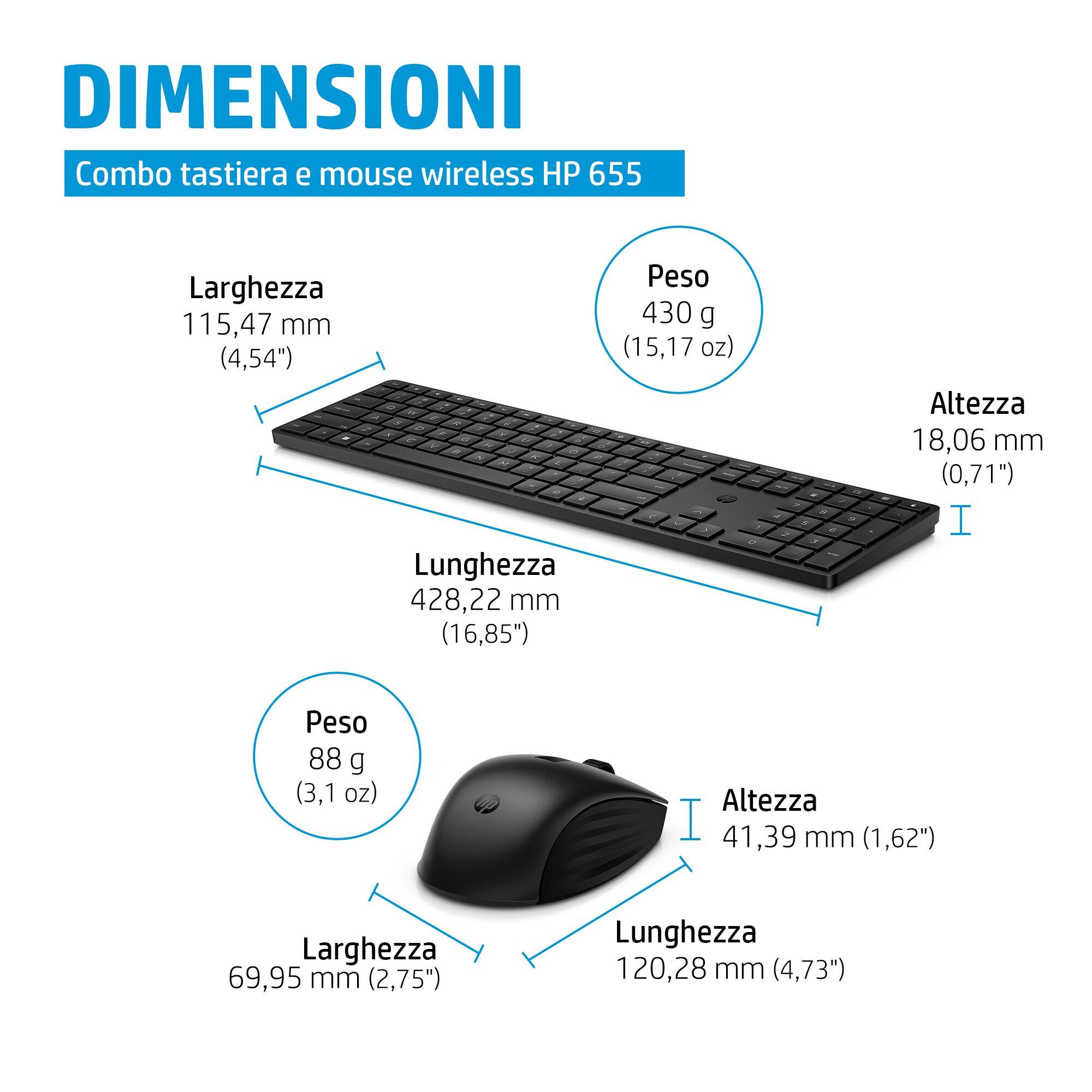 Combo tastiera e mouse neri con dimensioni e informazioni sul peso.