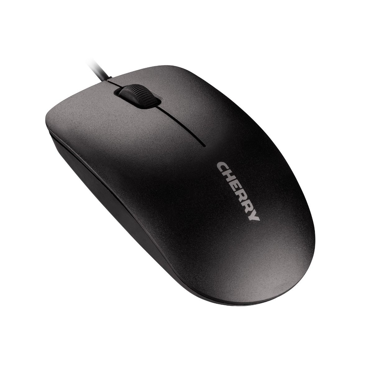 Schwarze Cherry-Maus. Einfaches Design mit einem Scrollrad. Cherry-Logo oben.
