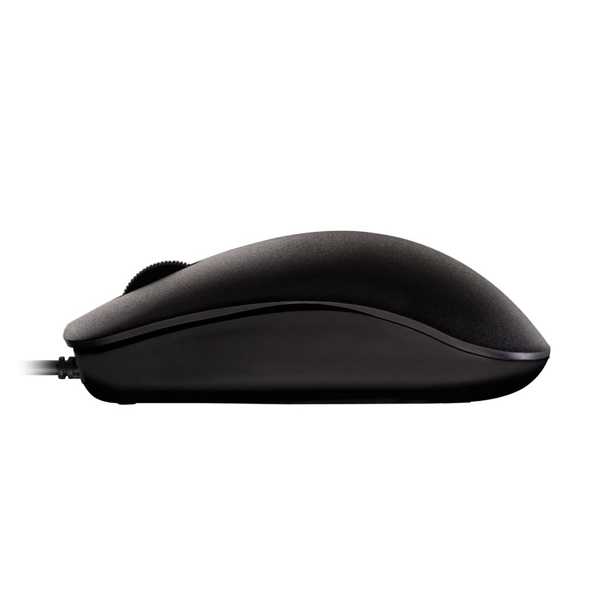 Schwarze Computermaus. Sie hat ein Scrollrad und ein schwarzes Kabel.