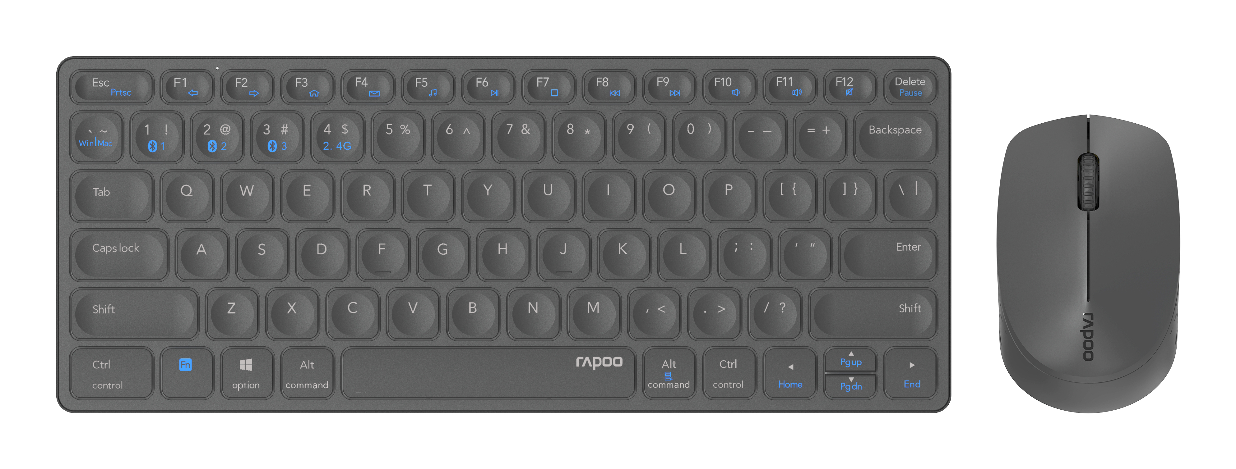 Una combo tastiera e mouse, entrambi in grigio scuro. La tastiera ha tasti funzione e un tastierino numerico.