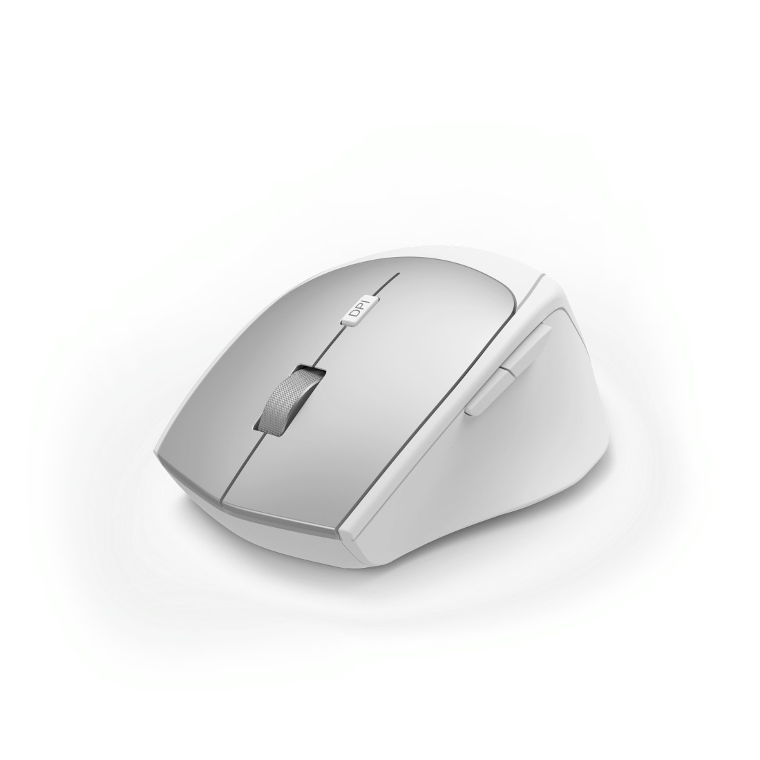 Mouse bianco e grigio con pulsante DPI e rotella di scorrimento. Sfondo bianco.