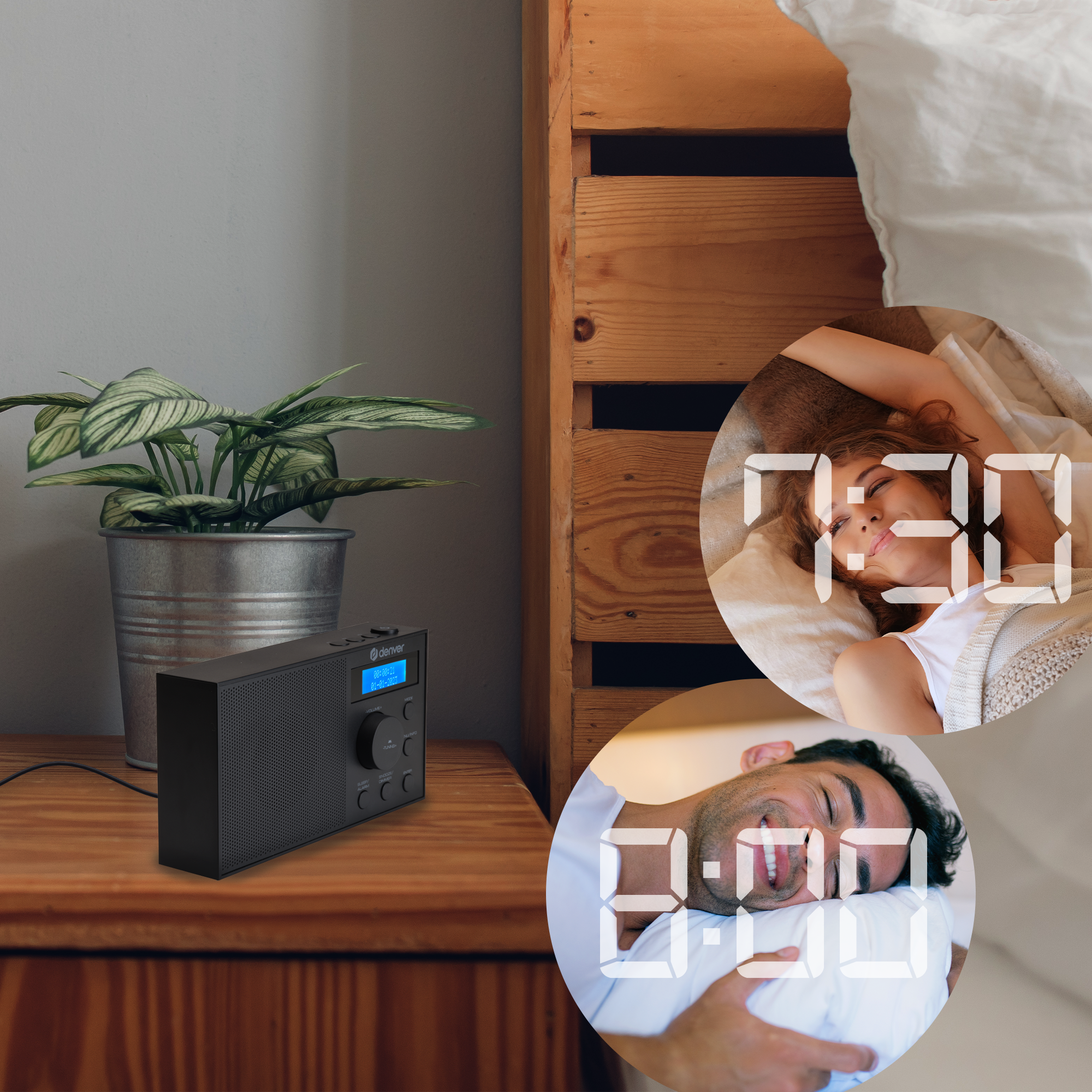 Czarny radio na drewnianym stole, z rośliną. Dwa obrazy: śpiący i obudzony mężczyzna.