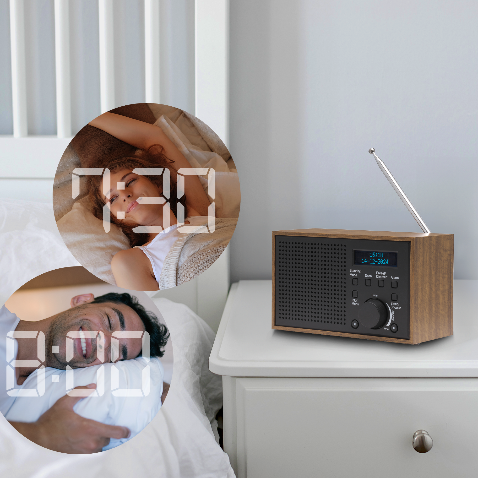 Radio na stoliku nocnym, pokazujące 7:30 i 8:00 na dwóch okrągłych wyświetlaczach.