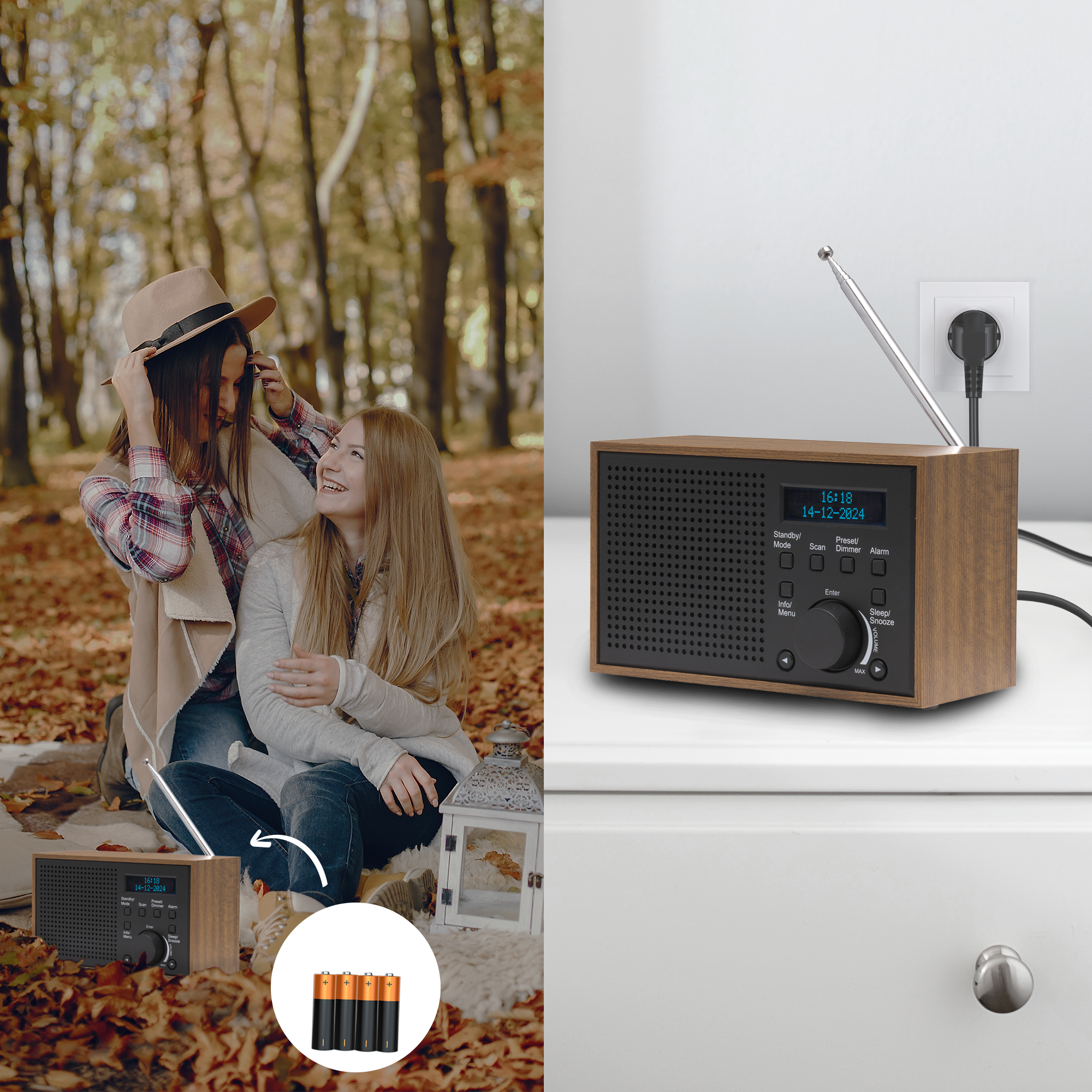 Dwie kobiety i radio na stole w jesiennej scenerii, z bateriami na pierwszym planie.