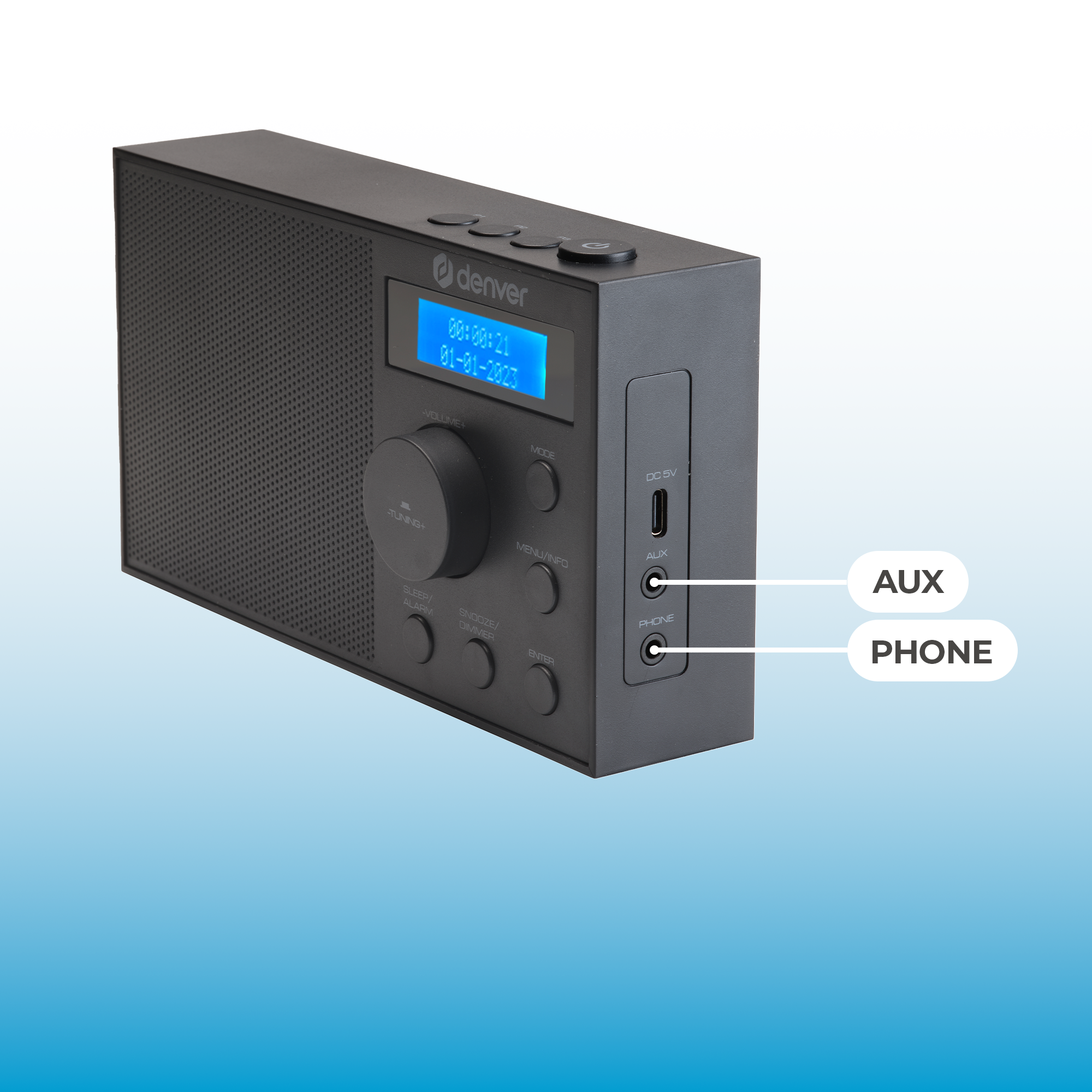 Czarny radioodbiornik Denver z niebieskim wyświetlaczem pokazującym godzinę i datę; porty aux i telefon.