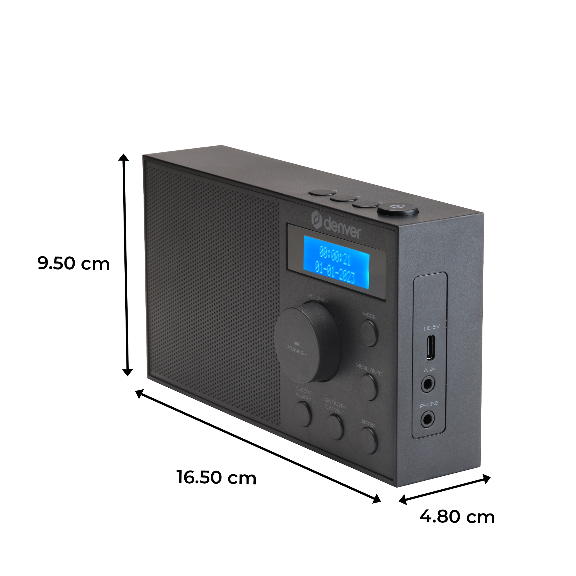 Czarny radio Denver z niebieskim wyświetlaczem, przyciskami i wymiarami.