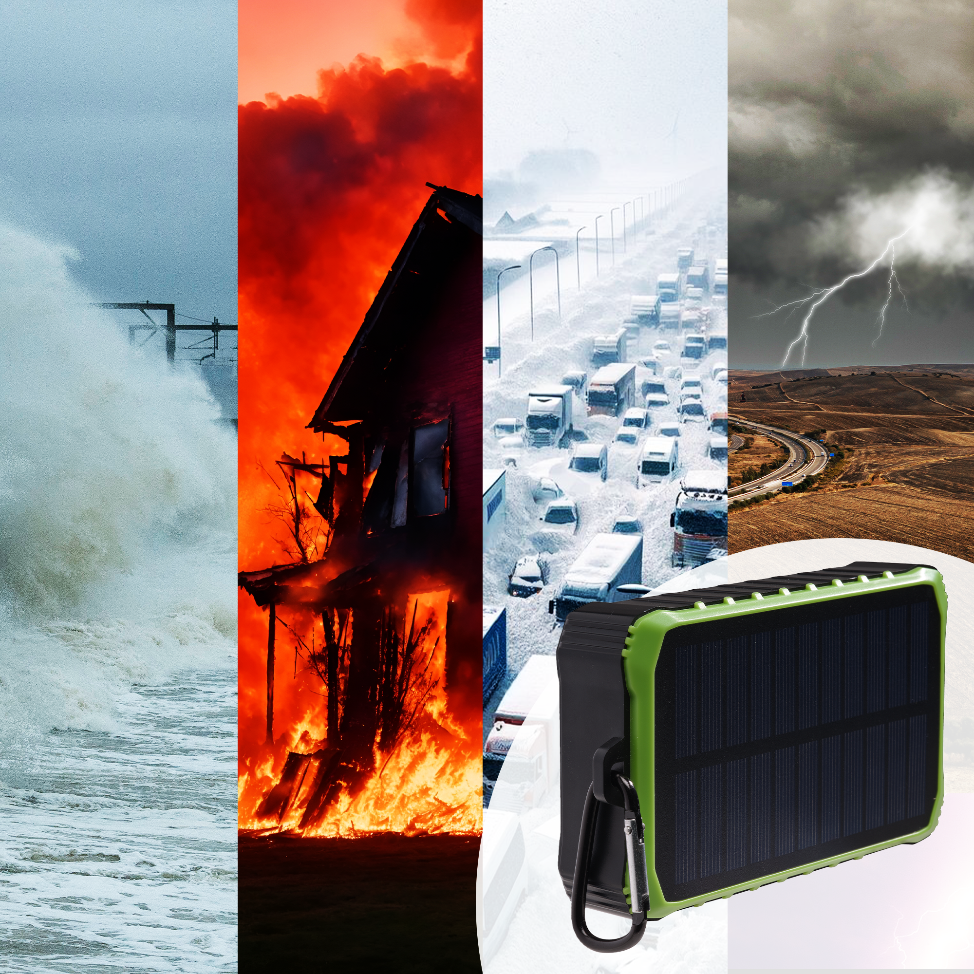 Panneau solaire avec cadre vert foncé et fond de catastrophes naturelles.
