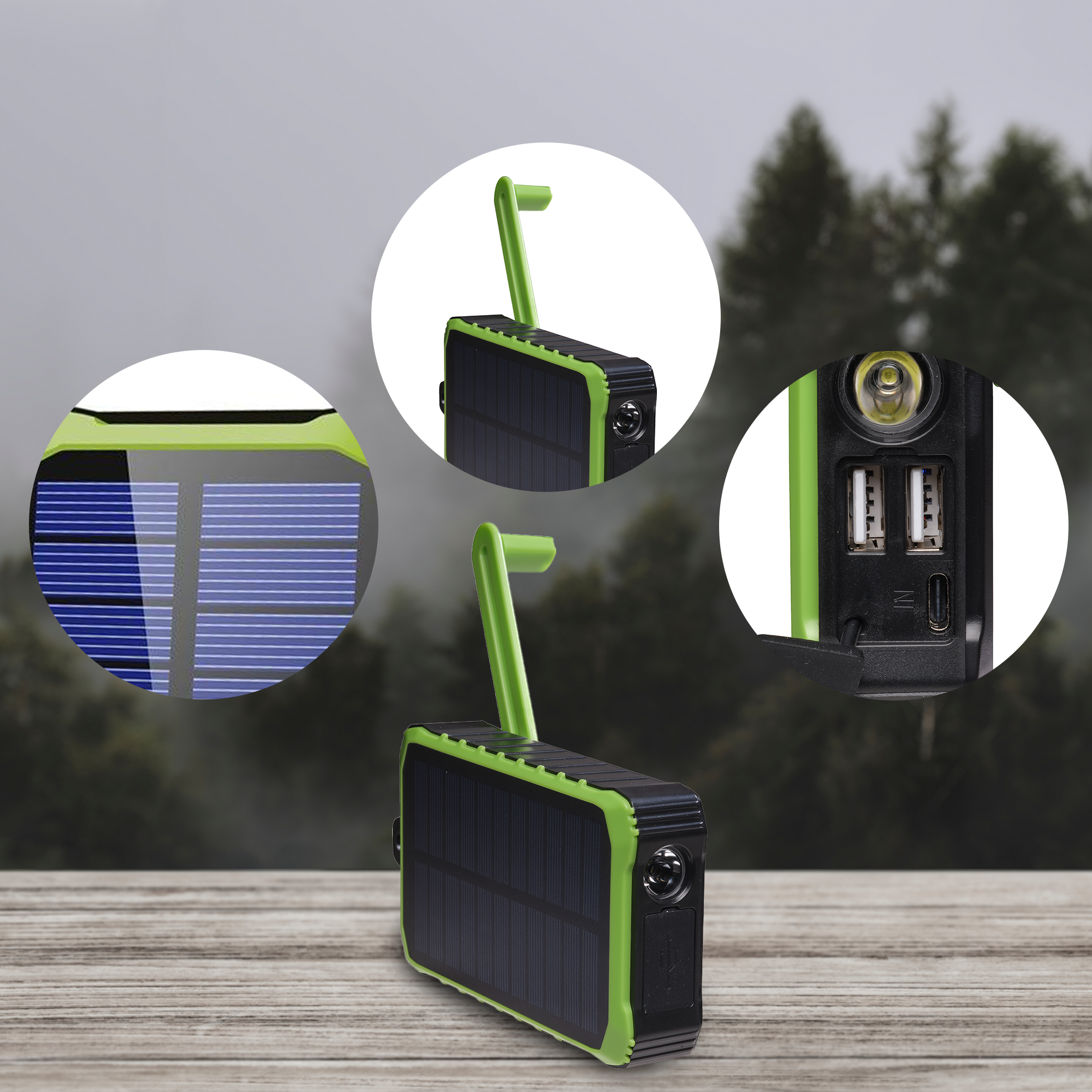 Chargeur solaire avec plusieurs détails. Vert et noir avec ports USB.