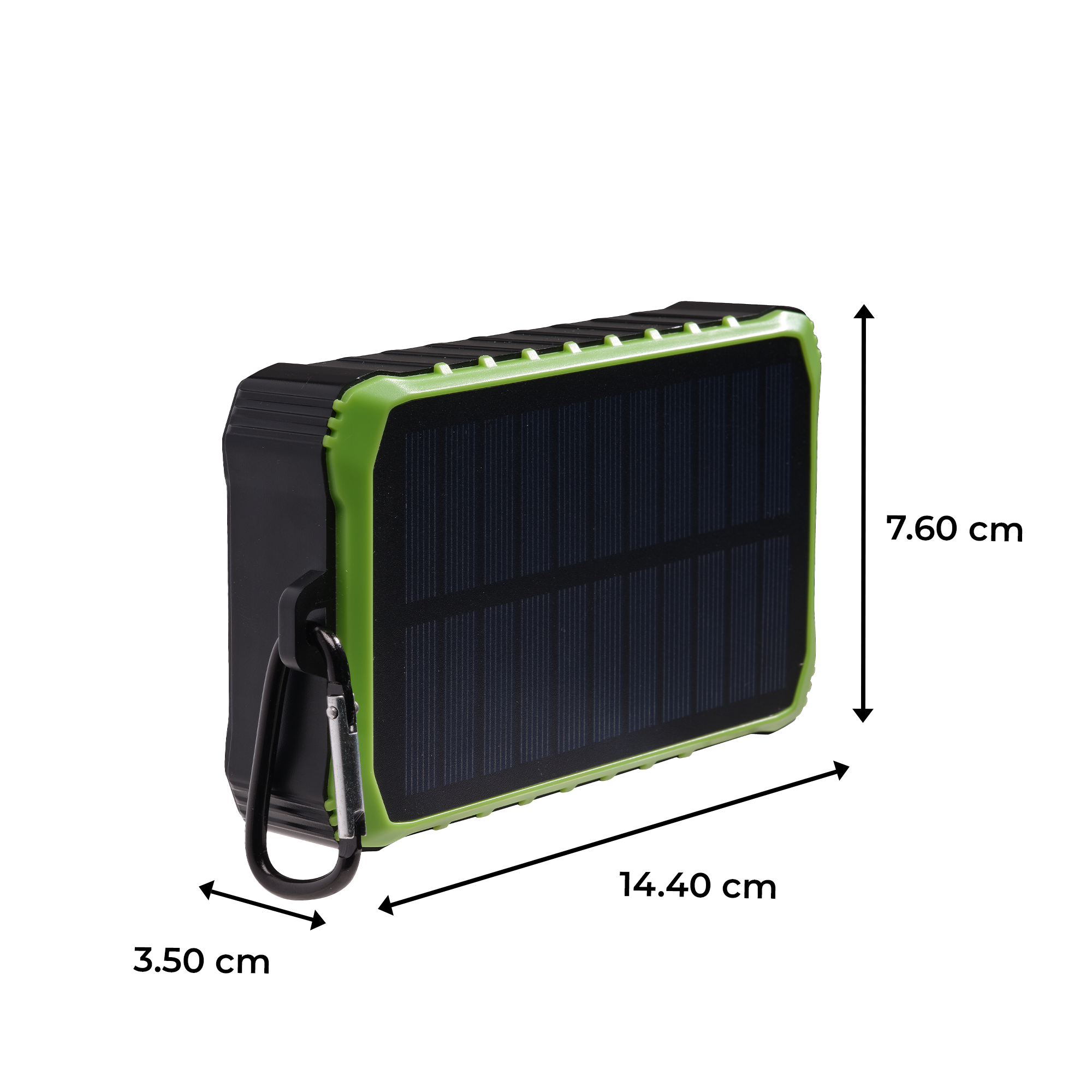 Batterie externe solaire noire et verte avec mesures. Avec mousqueton sur le côté.