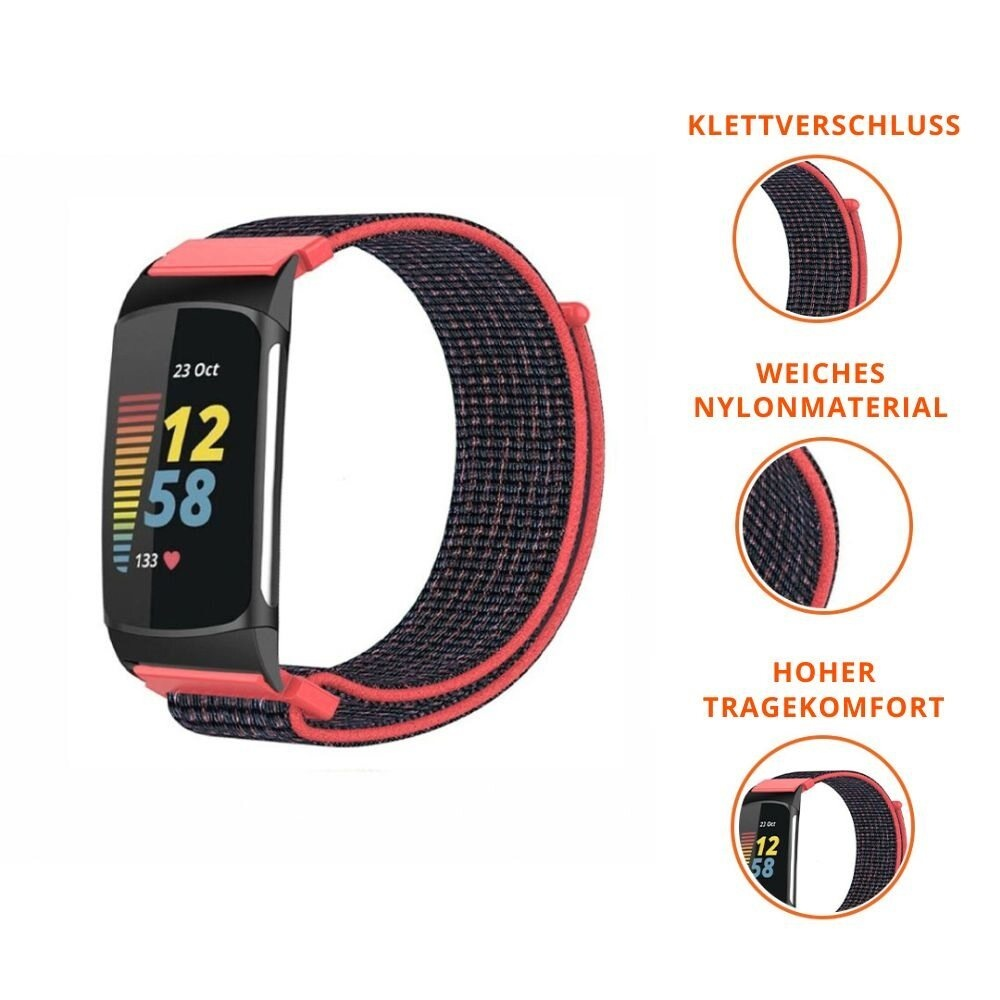 Smartwatch-Armband mit schwarz-rotem Muster, Details zu Verschluss und Material.