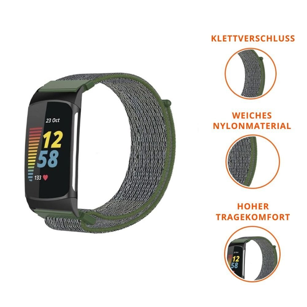 Smartwatch mit grünem Armband. Zeigt Zeit, Datum und Herzfrequenz an. Seite zeigt Armbanddetails.