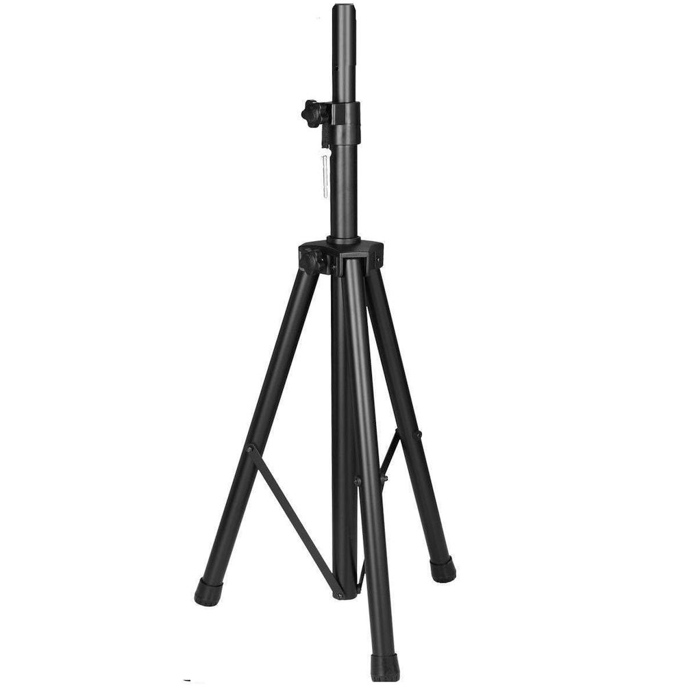 Supporto per altoparlante PA nero, stile treppiede, completamente esteso. Struttura in metallo.