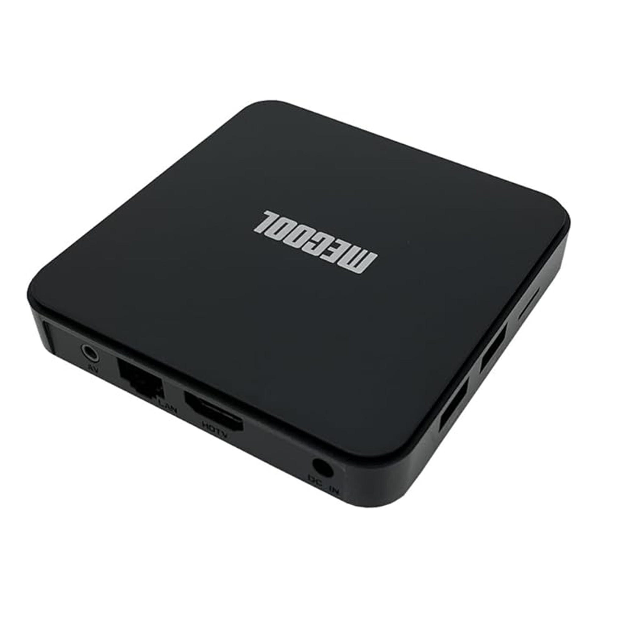 Czarne kwadratowe urządzenie, z kilkoma portami z boku. Tekst: MECOOL.