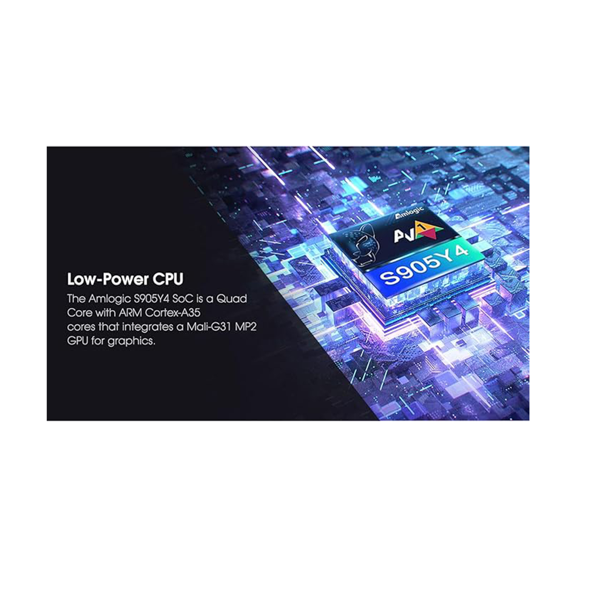 Procesor z tekstem o procesorze niskiej mocy i procesorze ARM, na cyfrowym tle.