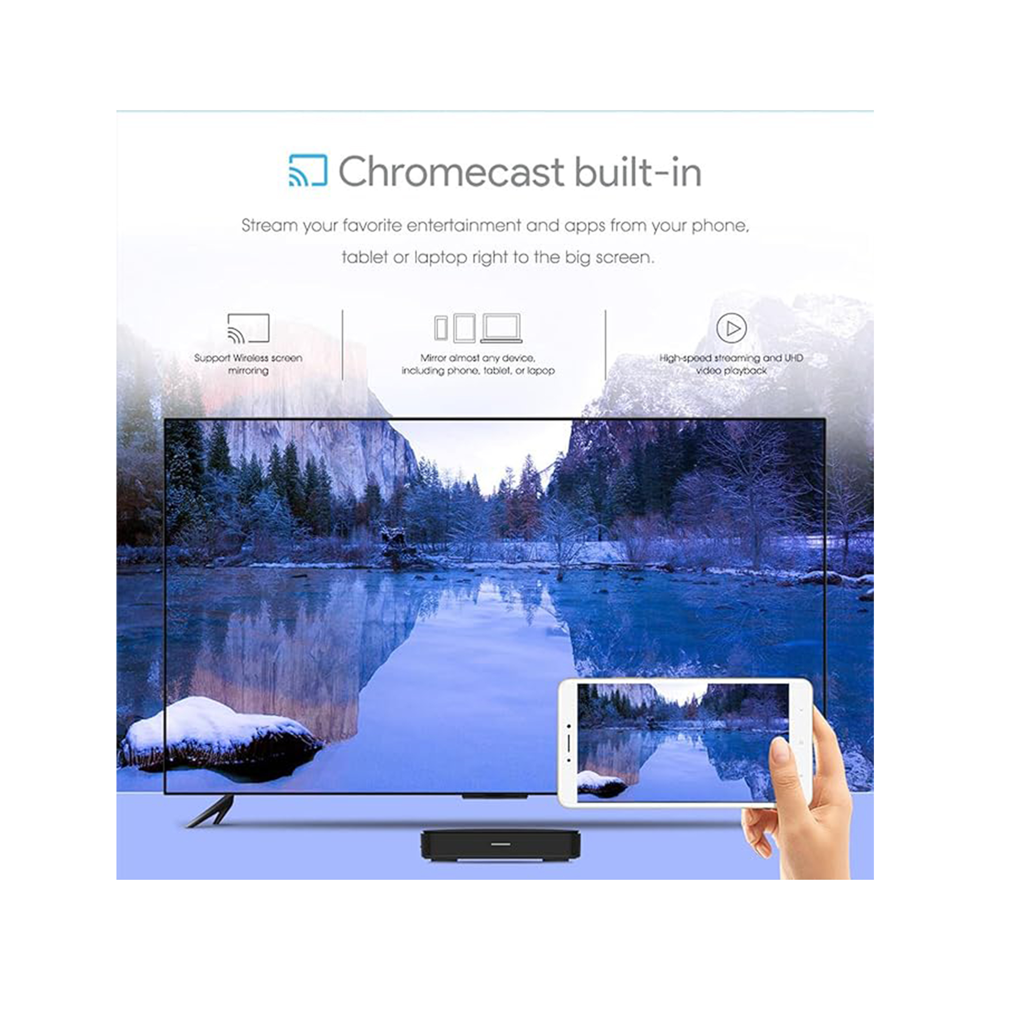Ekran wyświetlający informacje o wbudowanym Chromecast i udostępnianiu ekranu ze smartfona.