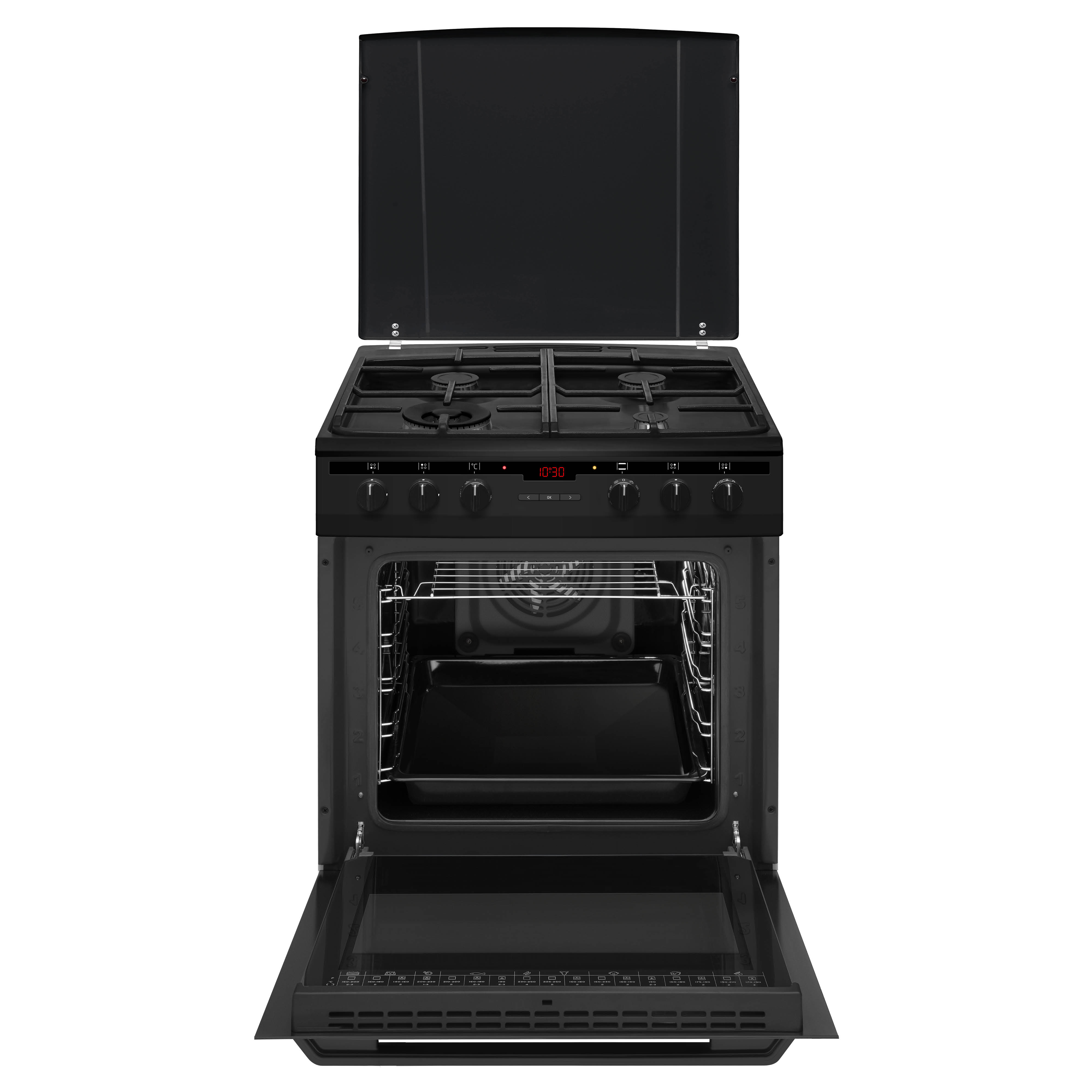 Een zwarte gasoven met de deur en het deksel open.