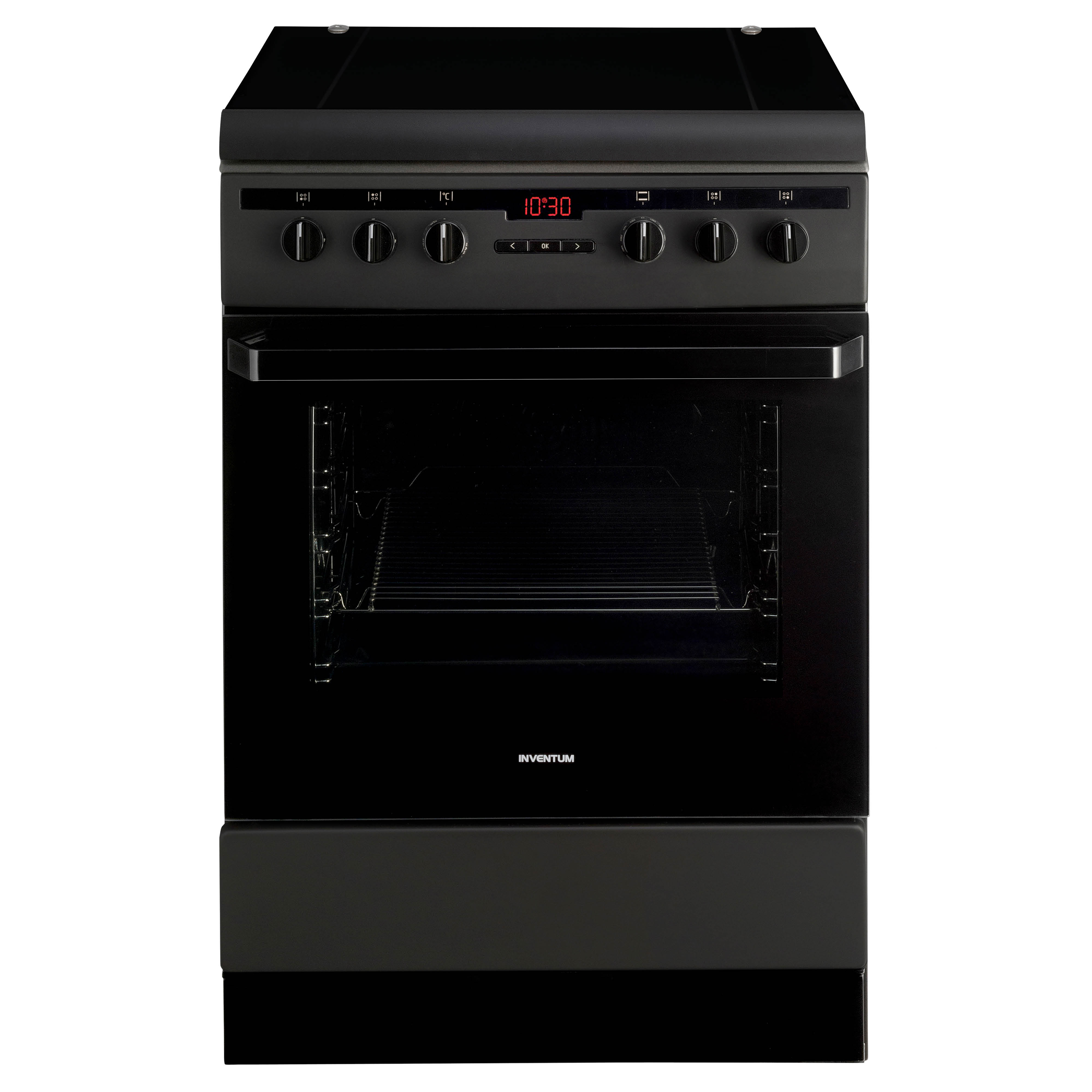 Zwarte oven met glazen deur, bedieningspaneel met draaiknoppen en digitaal display.