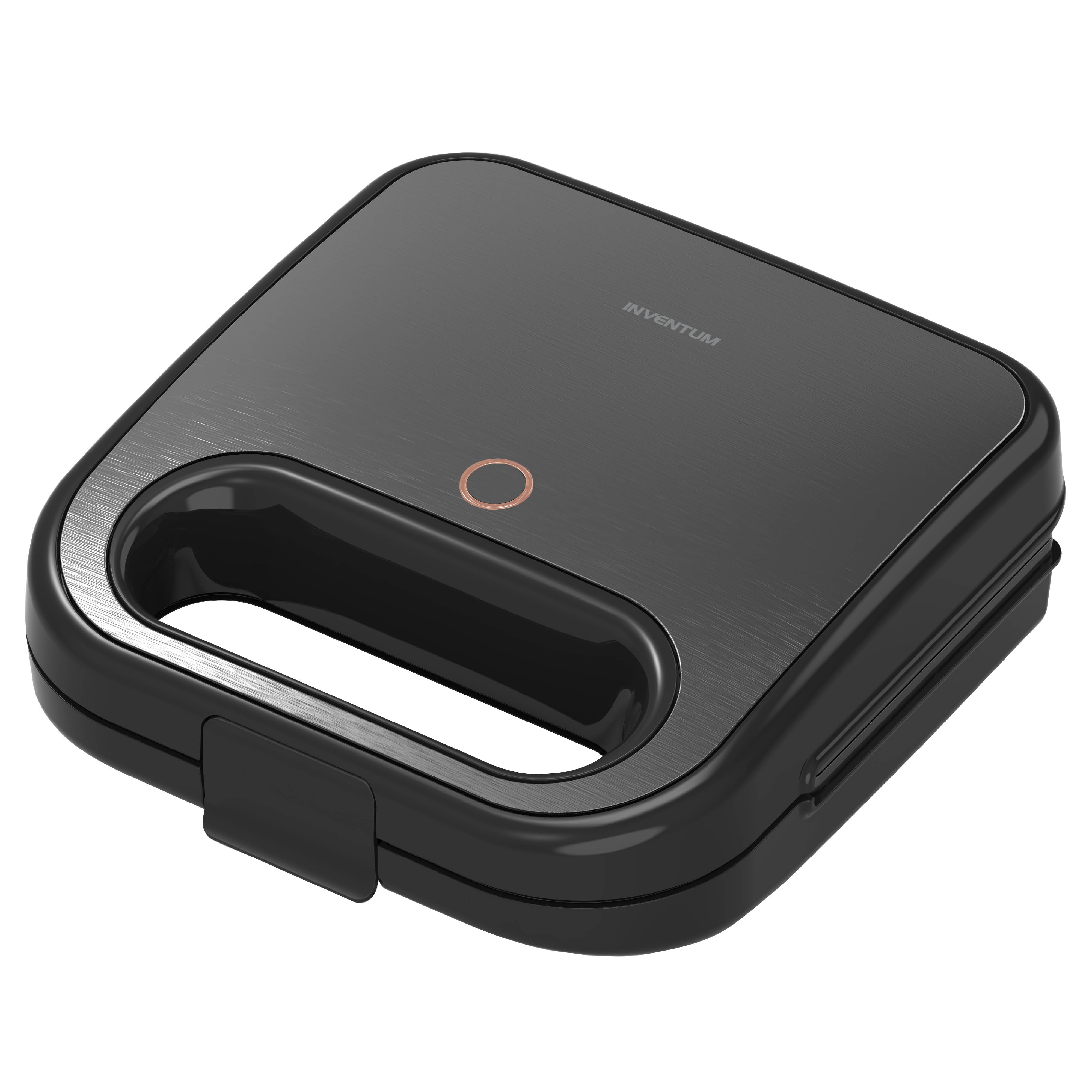 Black Inventum sandwich maker. The handle is at the top, the logo is on the top right.
