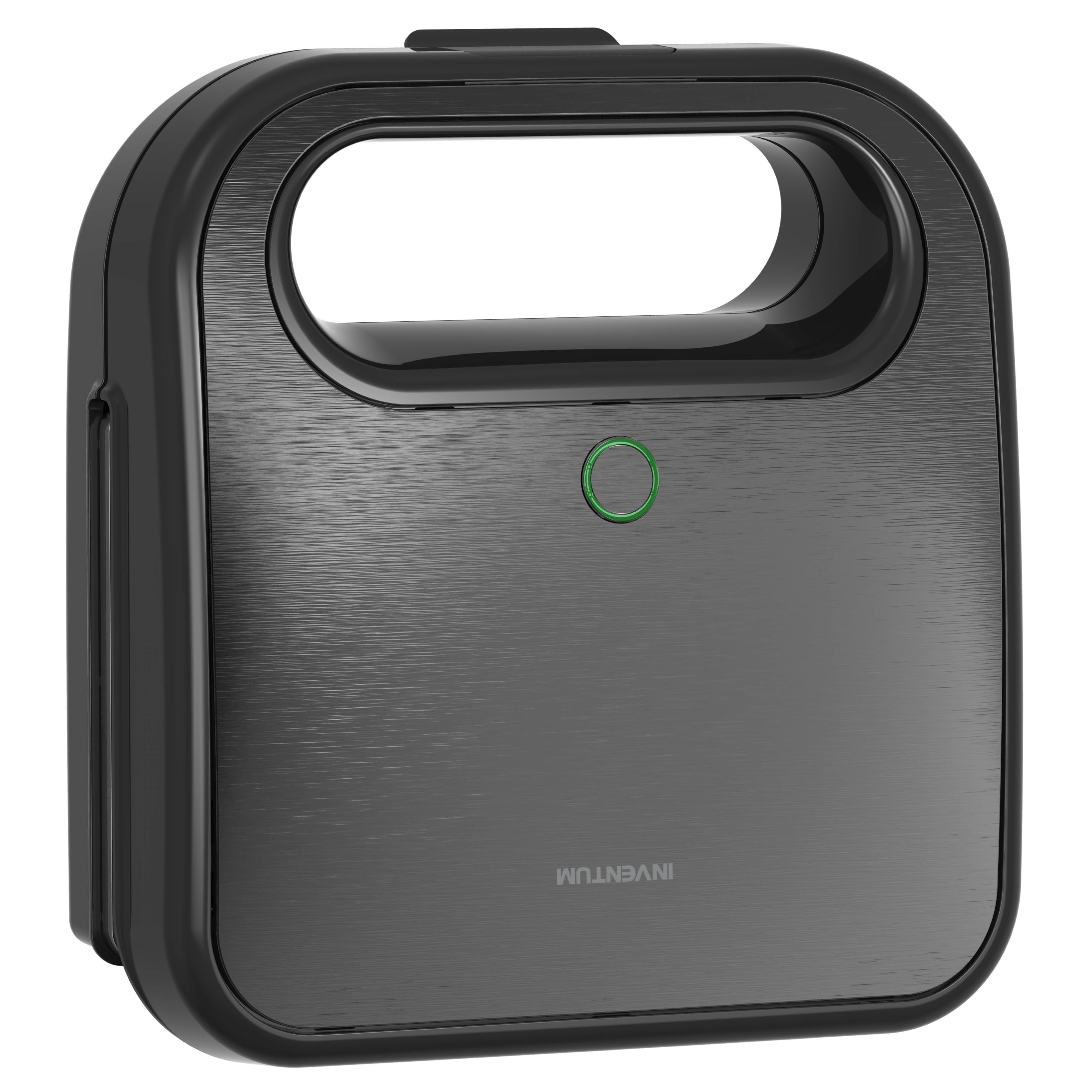 Black sandwich maker with a handle and a green light indicator on top.
