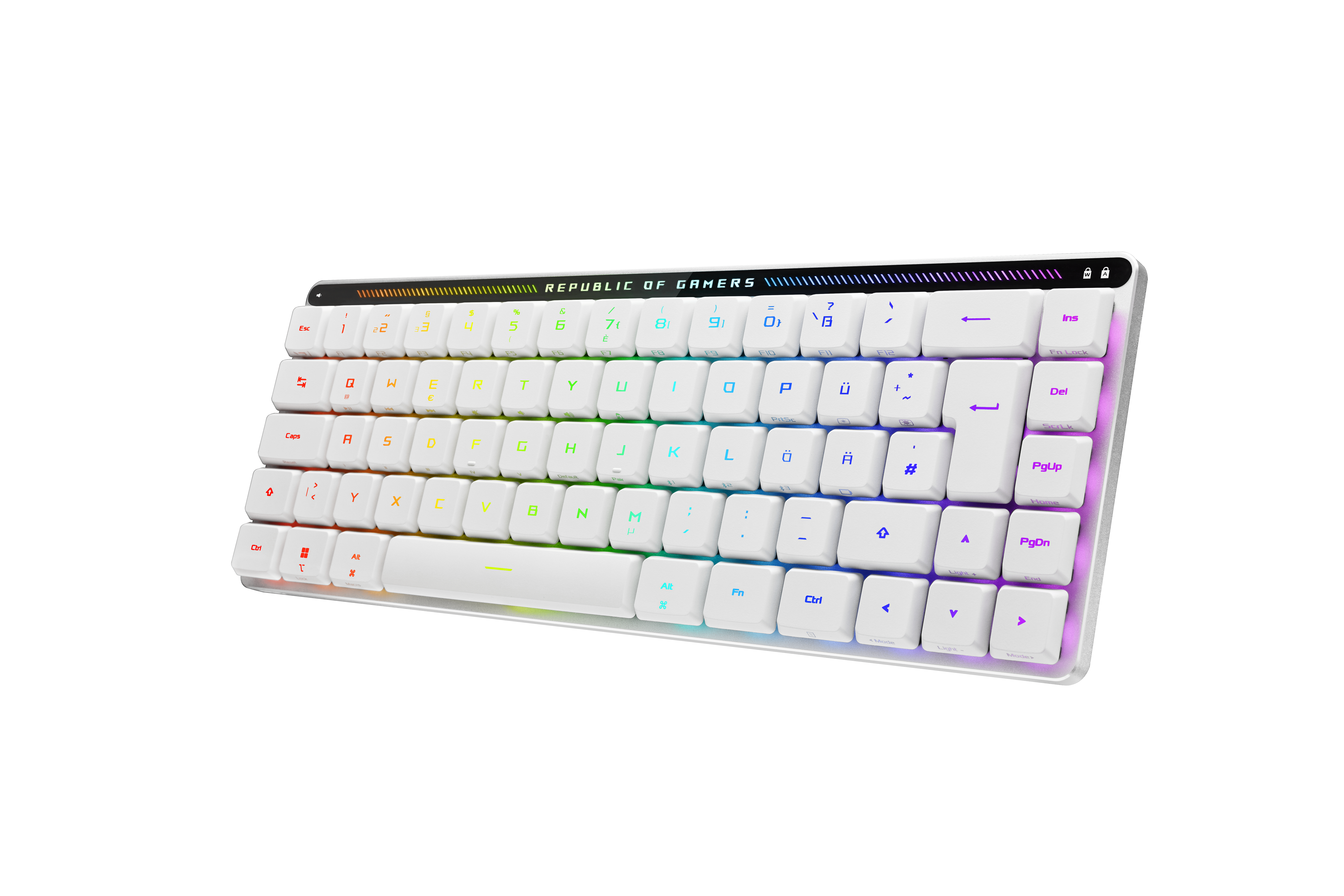 Weiße Gaming-Tastatur mit RGB-Beleuchtung. Die Tastatur hat verschiedene Tasten und einen schwarzen oberen Rand.