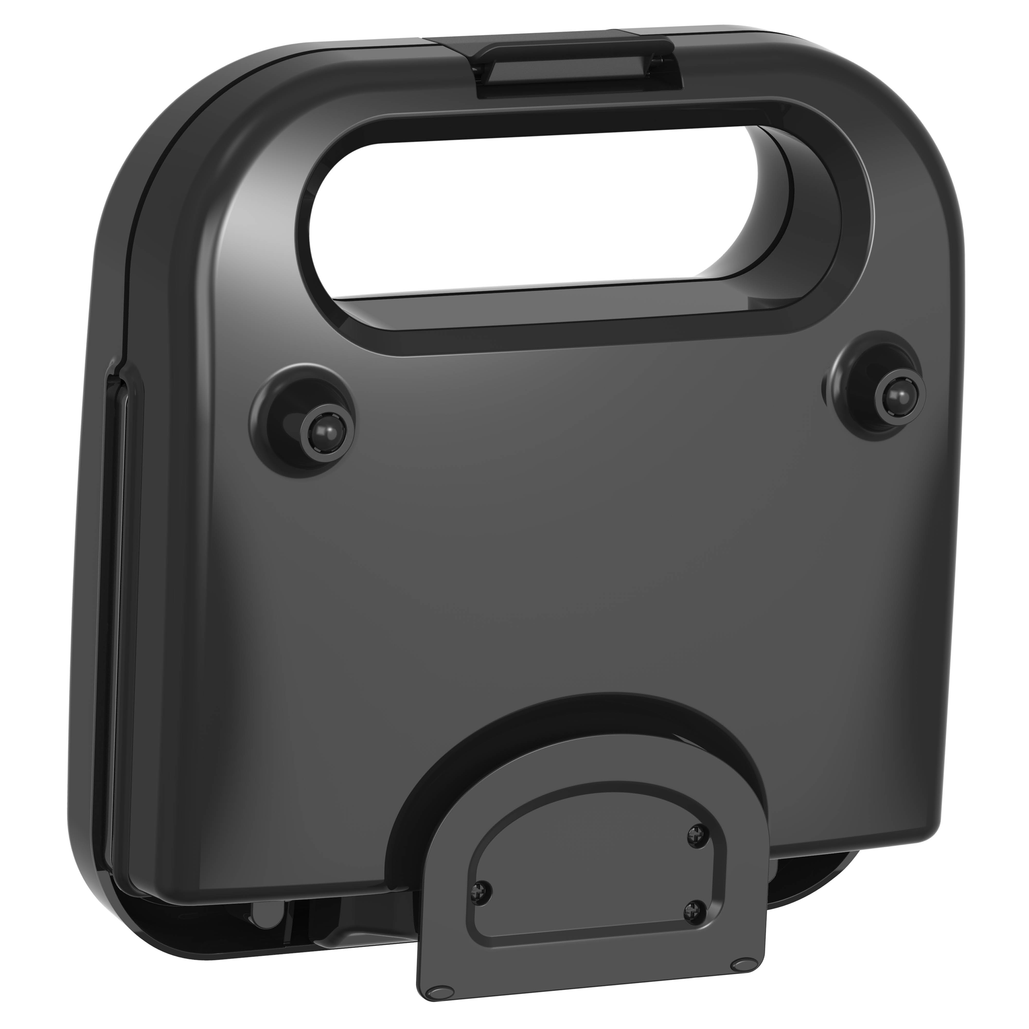 Black sandwich maker with a handle and rounded front. Closed.