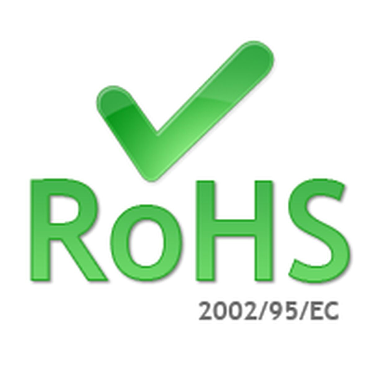 Logo RoHS avec une coche verte et le texte 'RoHS 2002/95/EC' en vert.