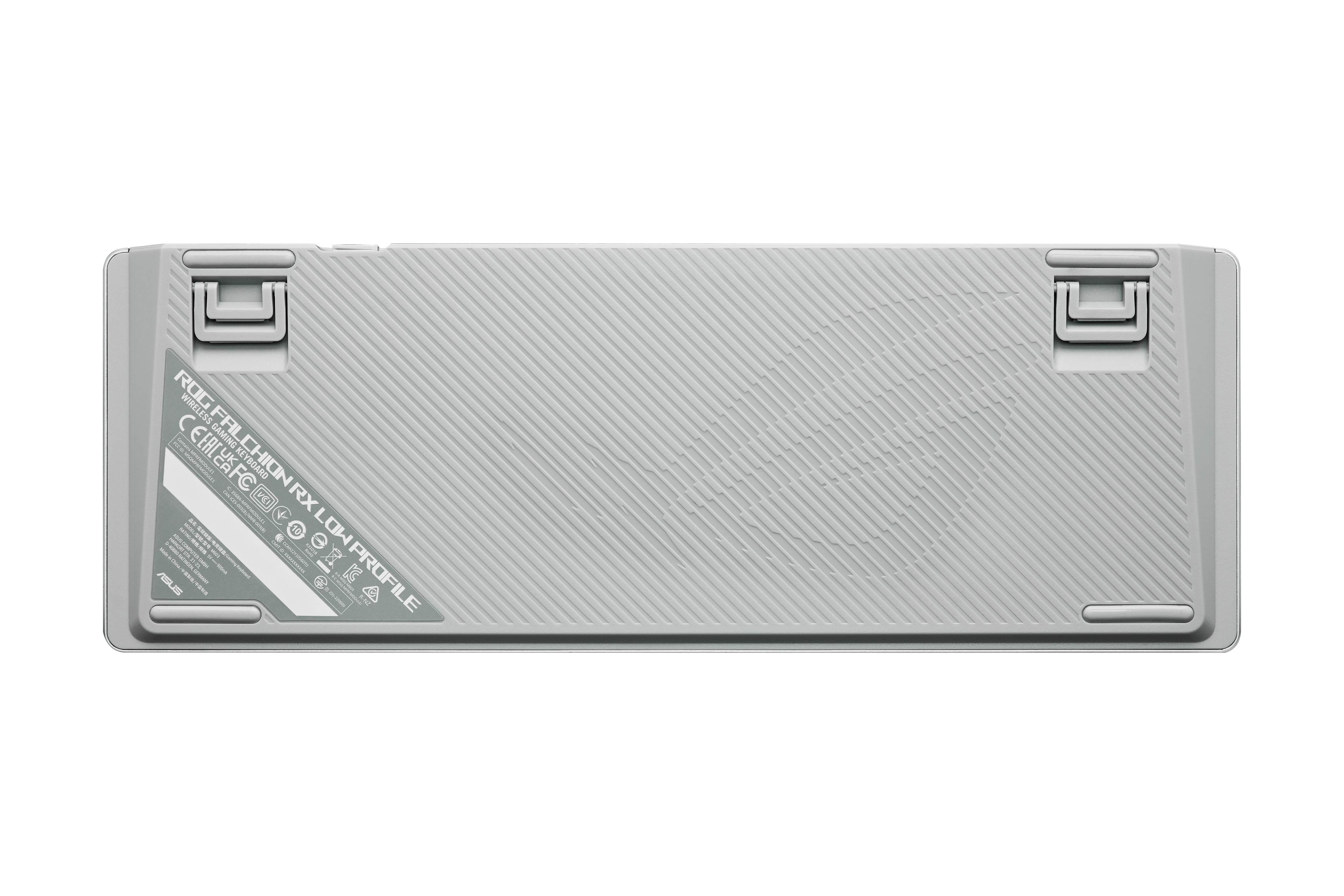 Graue Tastatur, ROG Falchion RX Low Profile. Die Rückseite hat ein diagonales Muster.