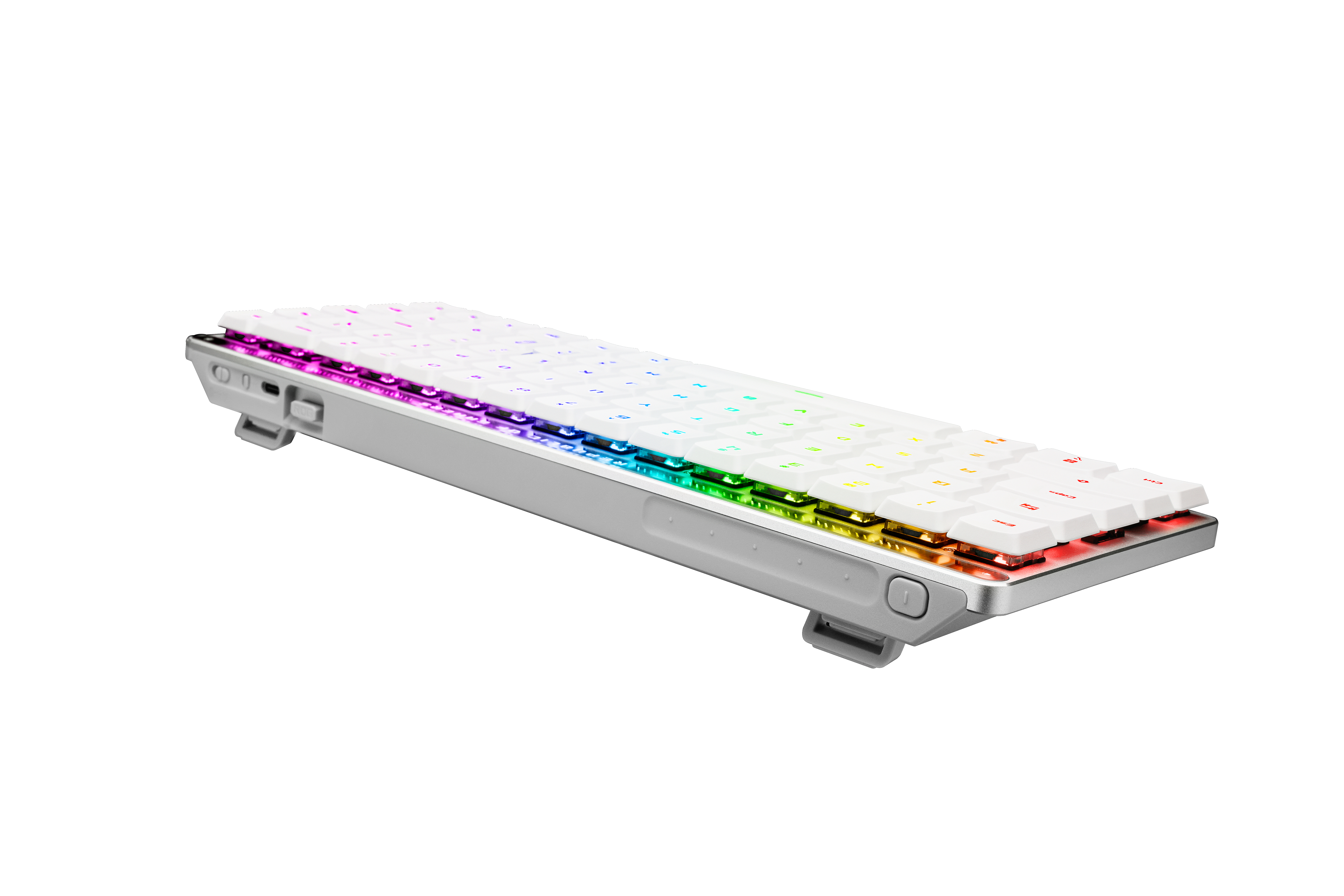 Weiße mechanische Tastatur mit mehrfarbigen LED-Leuchten, silbernem Rahmen und sichtbaren Tasten.
