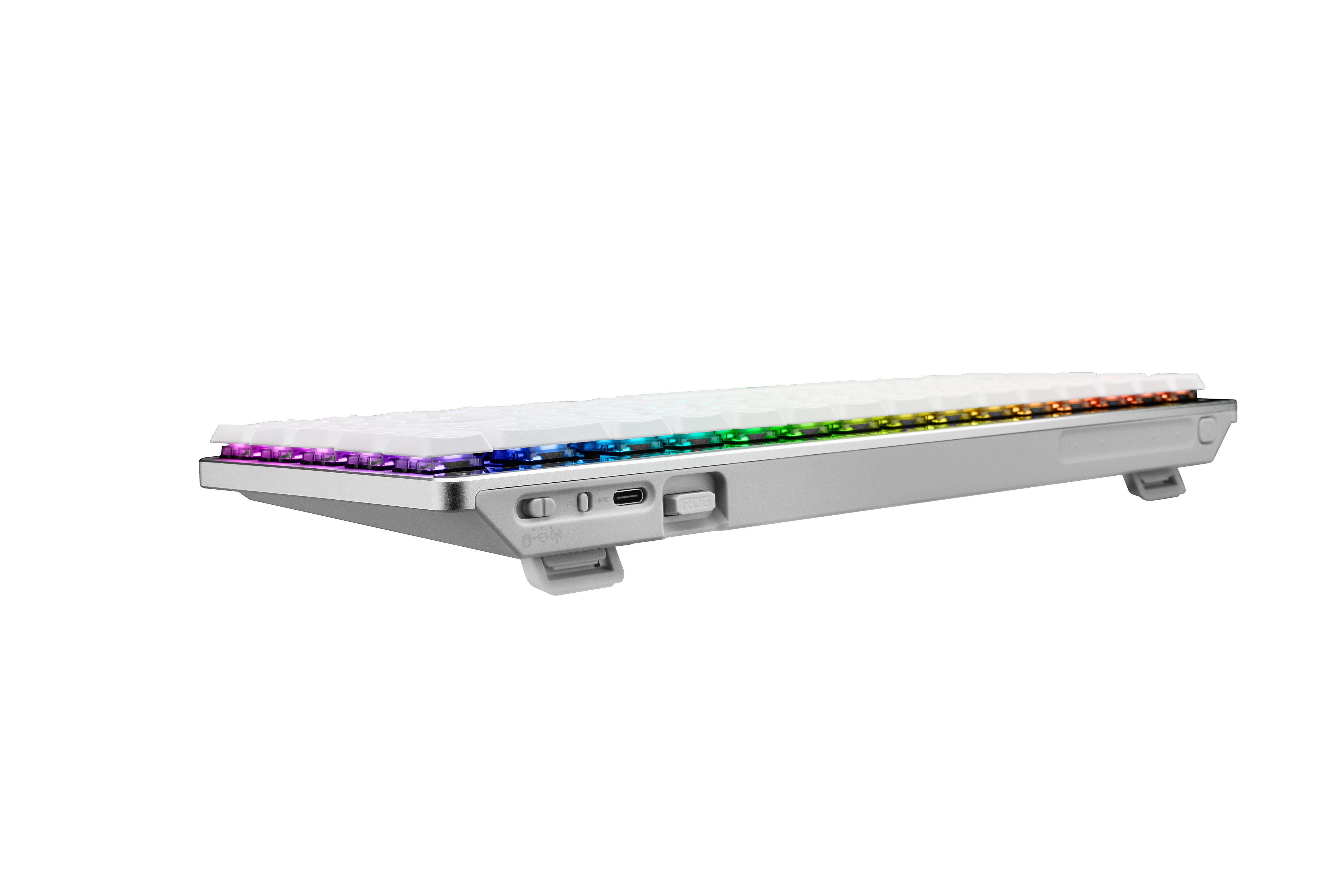 Eine weiße, schlanke Tastatur mit Regenbogen-LEDs und einem USB-C-Anschluss.
