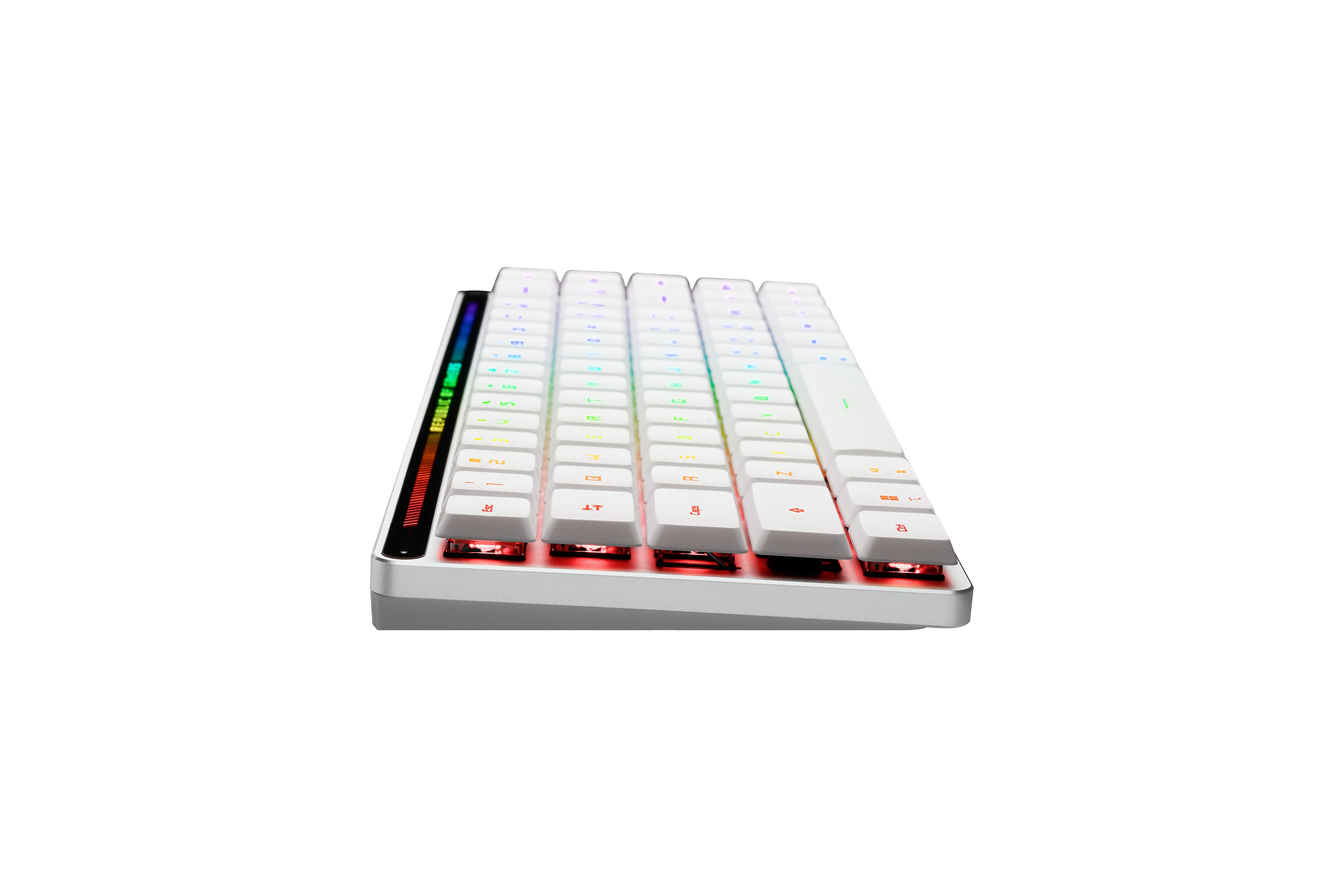 Weiße mechanische Tastatur mit bunten LED-Leuchten und Seitenleiste.