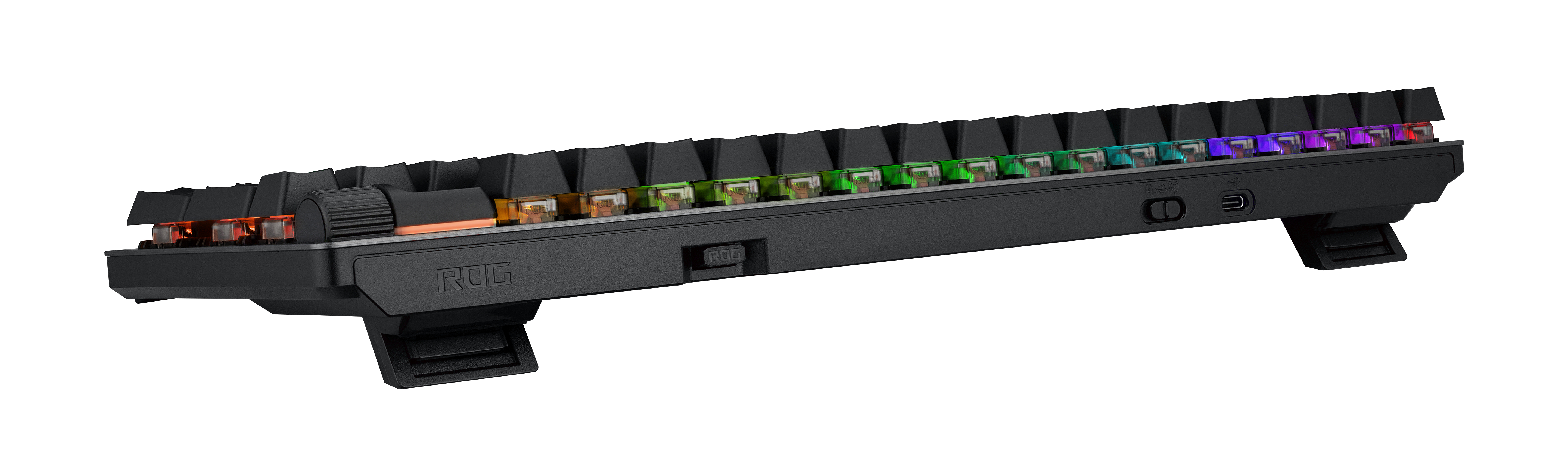 Czarna klawiatura z kolorowymi klawiszami. Widok z boku z logo ROG i nóżkami.
