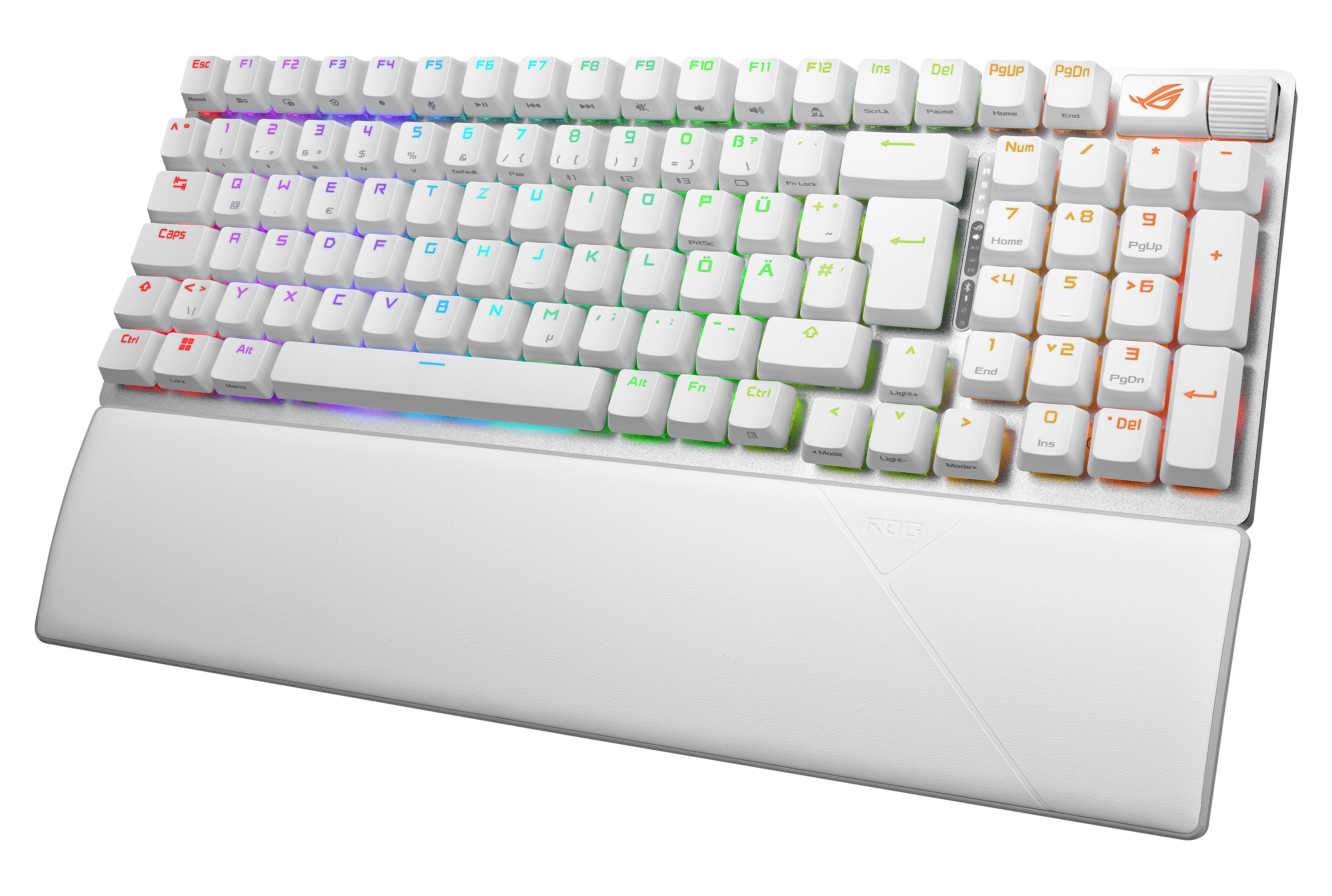 Biała klawiatura do gier z kolorowymi podświetlanymi klawiszami. Zawiera podpórkę na nadgarstek i logo ROG.