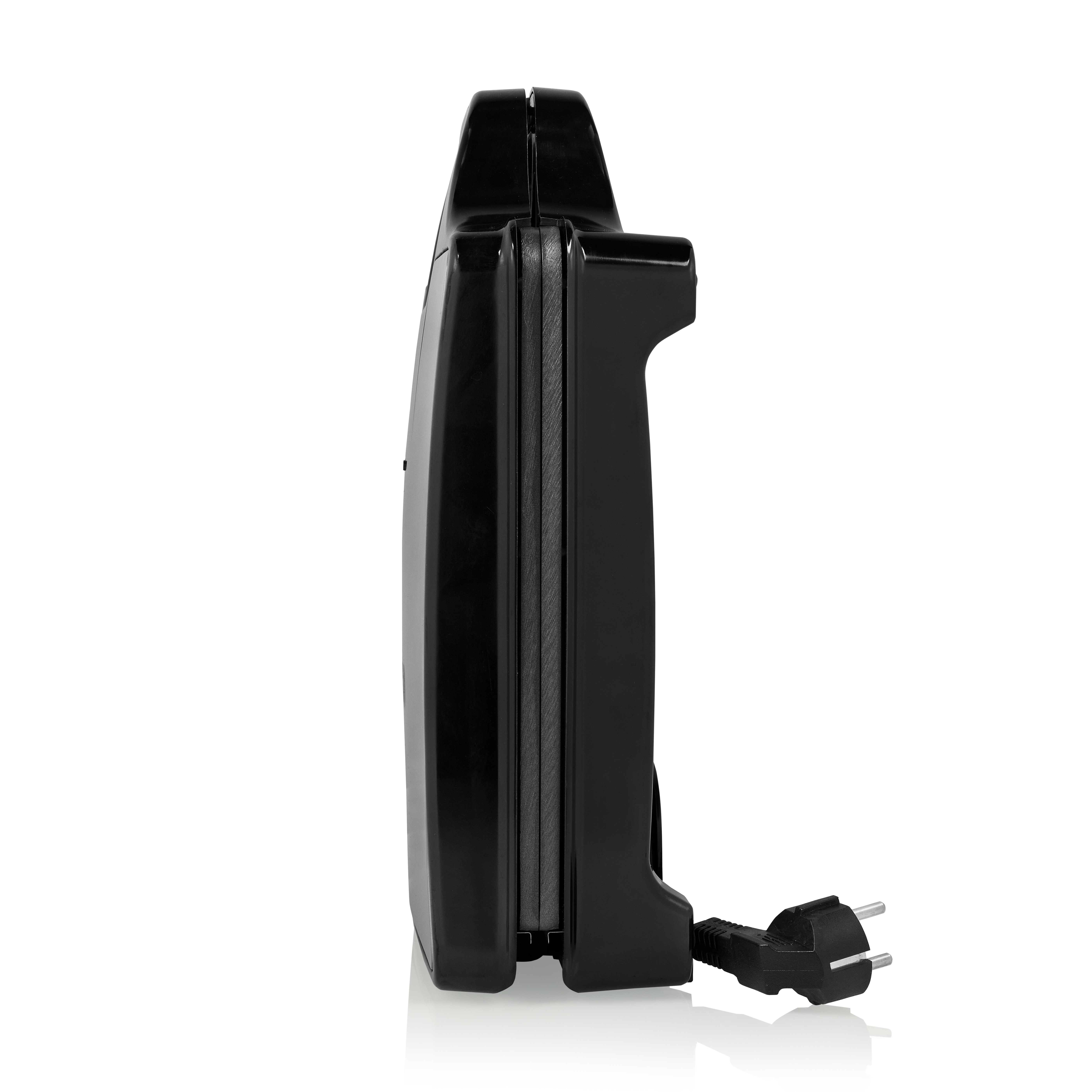 Czarny opiekacz do kanapek, zamknięty i z boku z wtyczką, na białym tle.