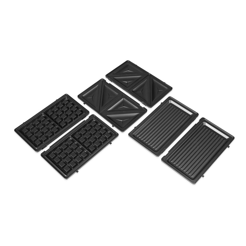 Zestaw płyt do gofrów, kanapek i grilla do urządzenia kuchennego. Czarny na białym.
