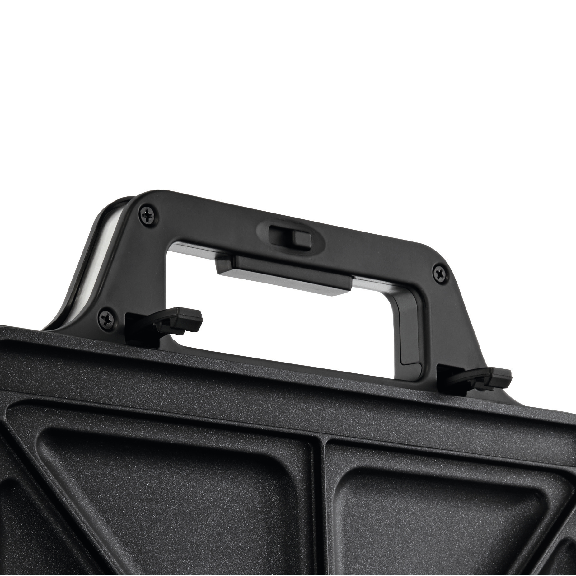 Zbliżenie czarnego uchwytu opiekacza do kanapek. Uchwyt ma czarne śruby.