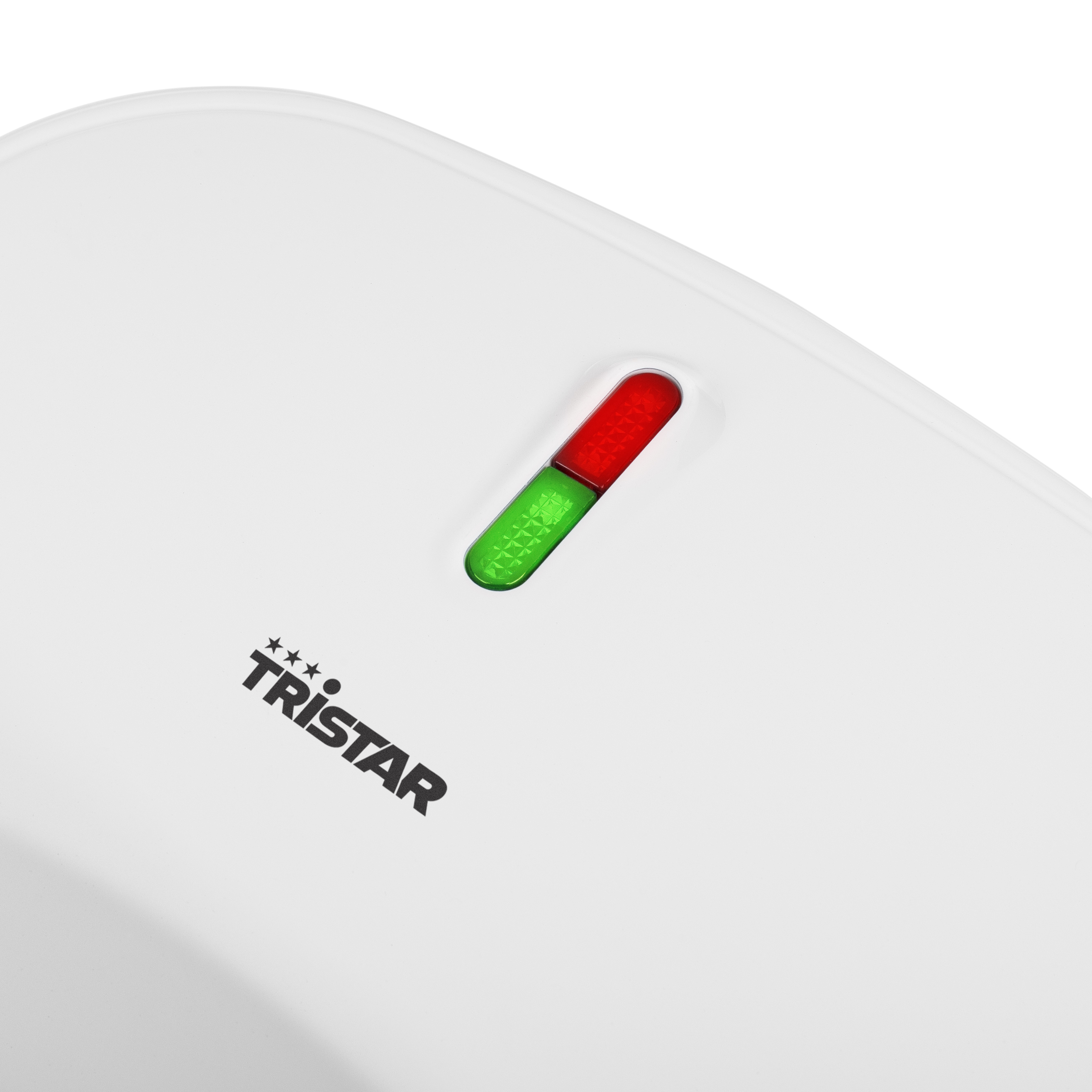 Białe urządzenie z zielonymi i czerwonymi lampkami kontrolnymi i logo TRISTAR.