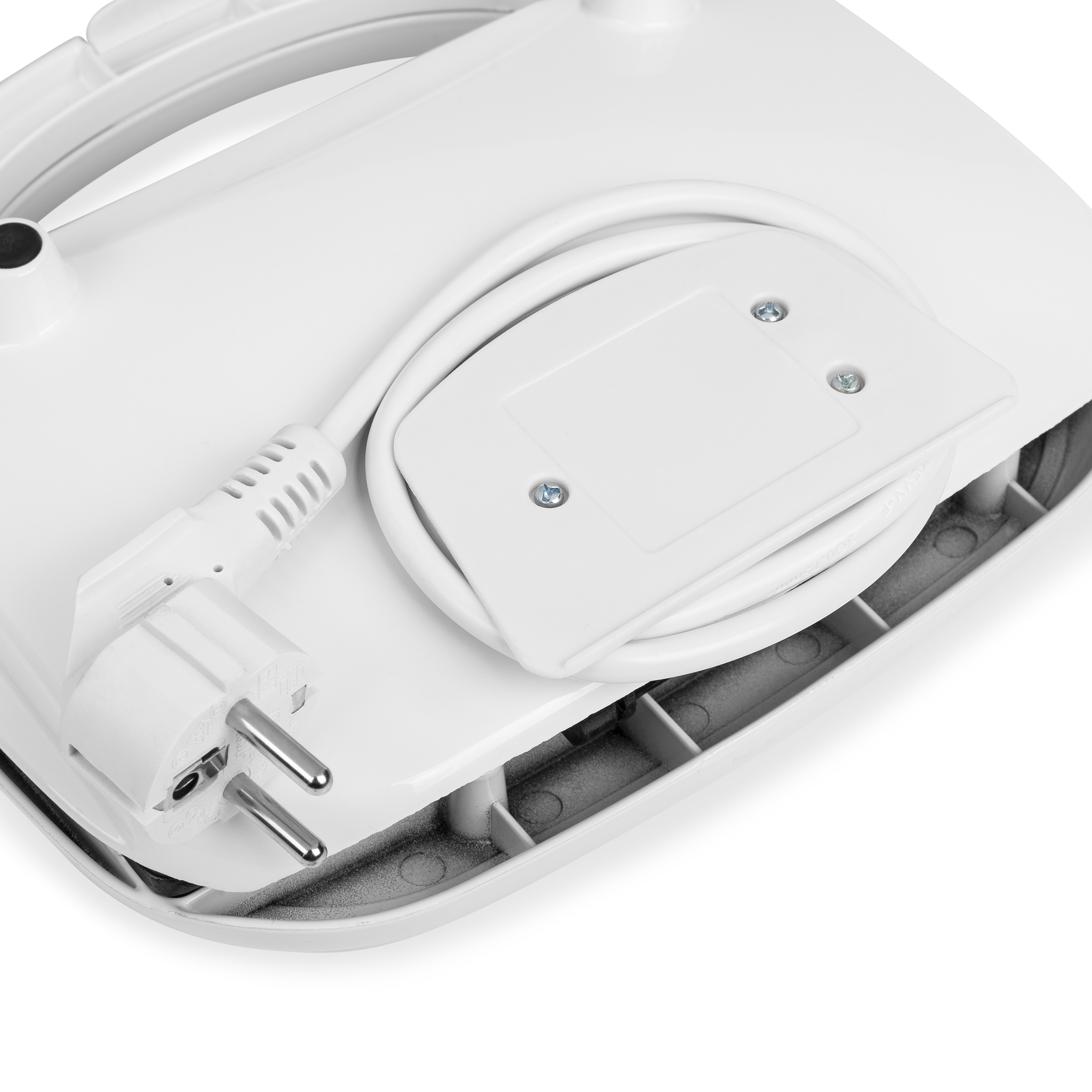 Zbliżenie białego urządzenia z przewodem zasilającym i wtyczką, z widocznymi śrubami.