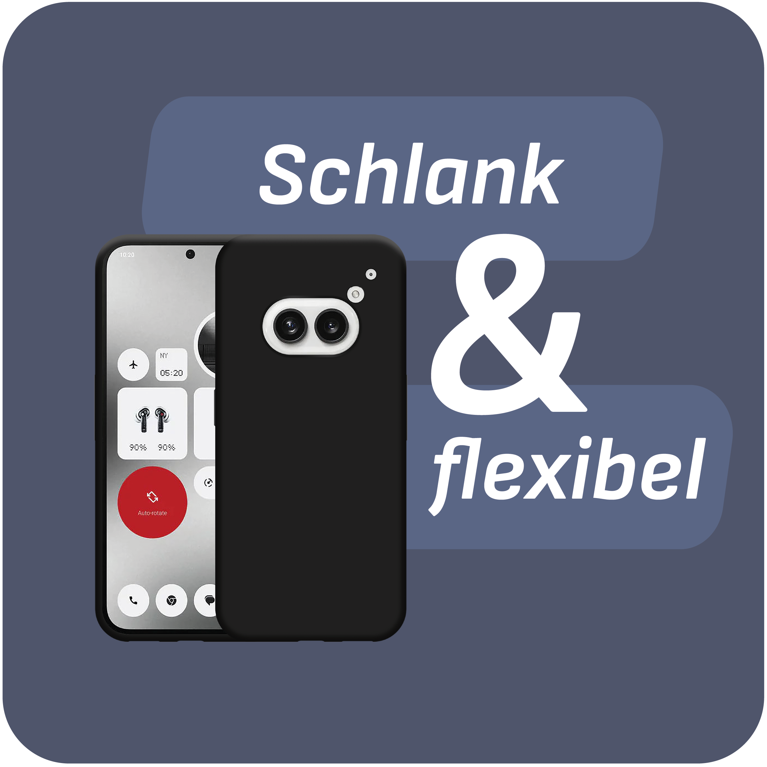 Schwarze Handyhülle mit Telefon. Auf der Hülle steht 'Schlank & Flexibel'.