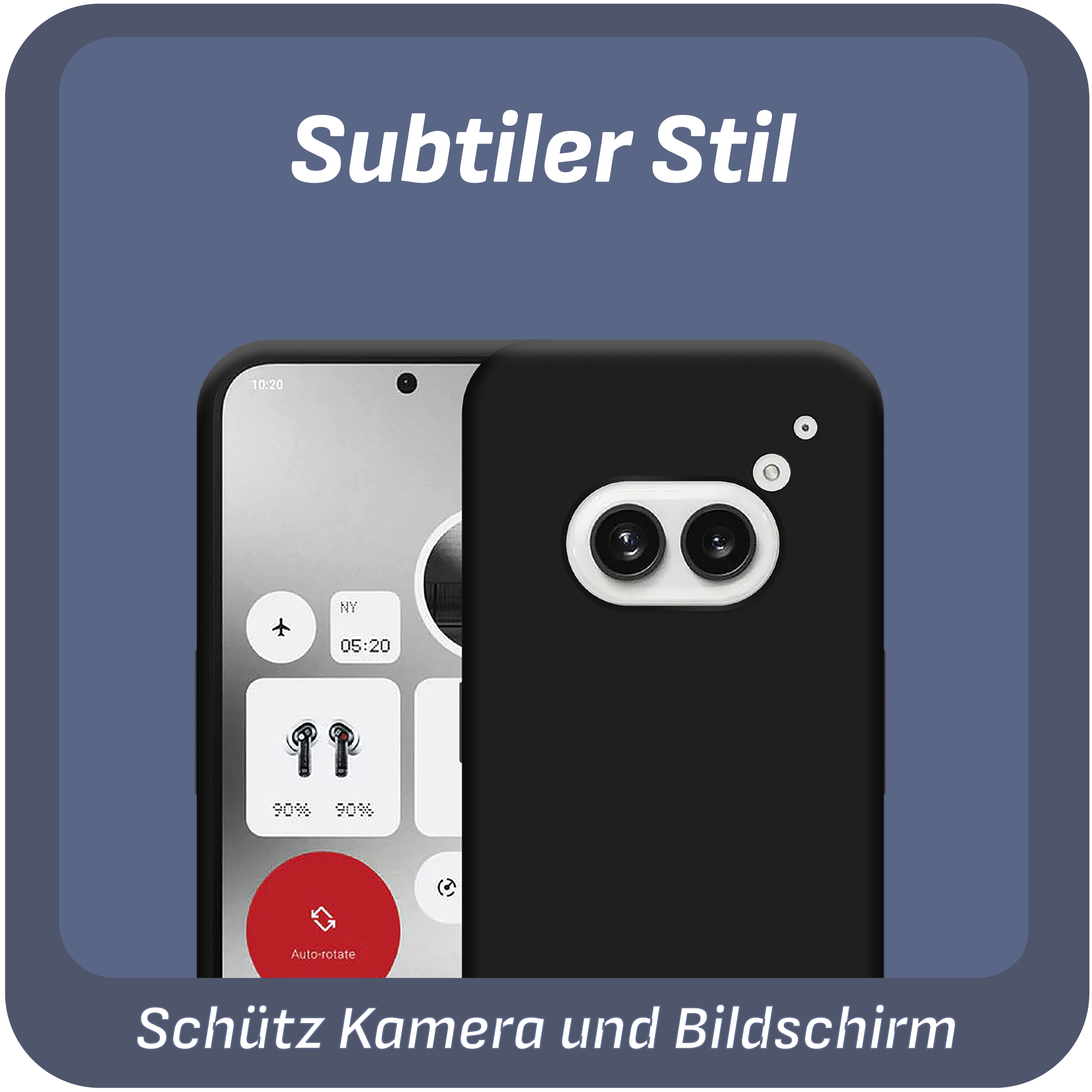 Eine schwarze Handyhülle mit einem Handybildschirm. Text: Schütz Kamera und Bildschirm, subtiler Stil.