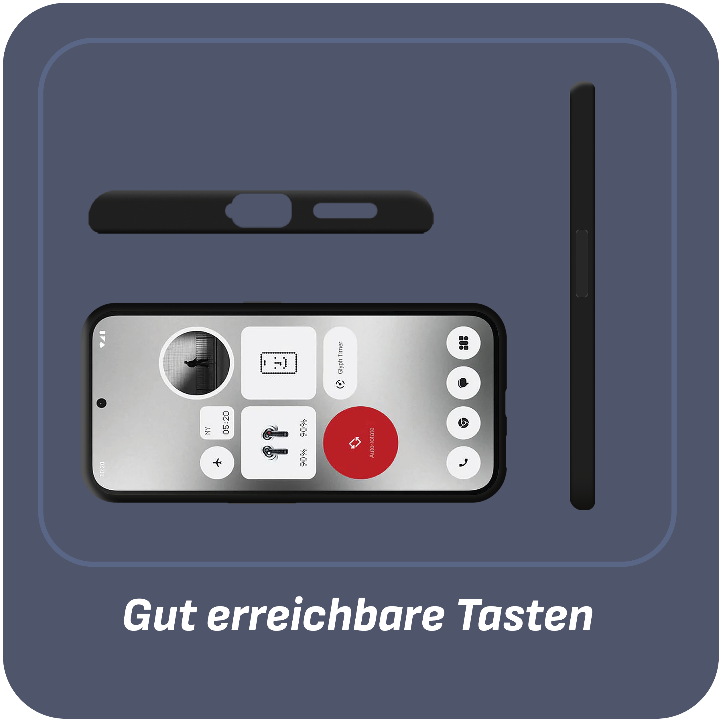 Telefon und Hülle, Draufsicht. Der Telefonbildschirm zeigt eine App mit Knöpfen und einem Timer.