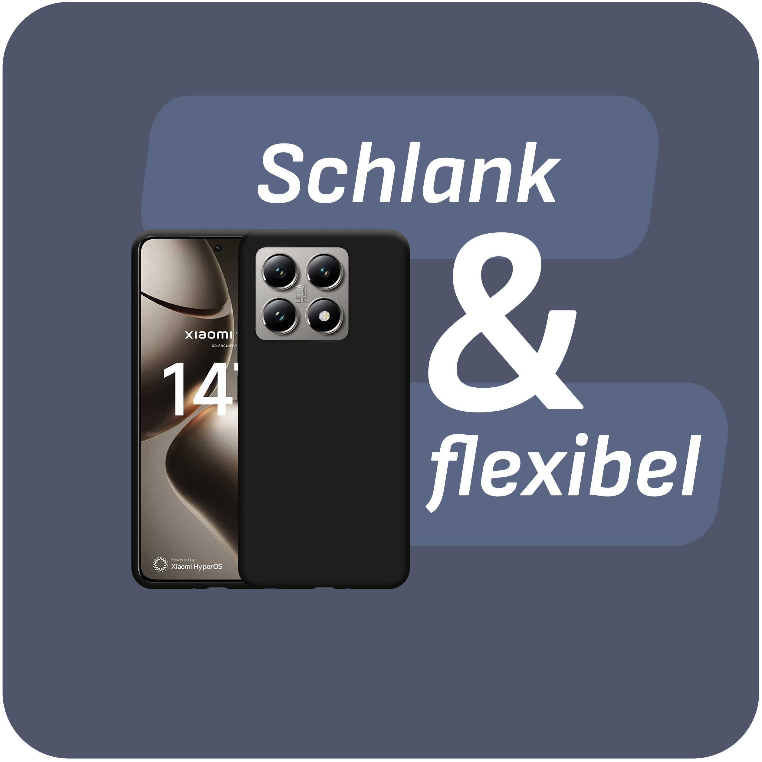 Schwarzes Telefon mit Hülle und Text: Xiaomi 14, Schlank & flexibel. Das Telefon steht auf grauem Grund.