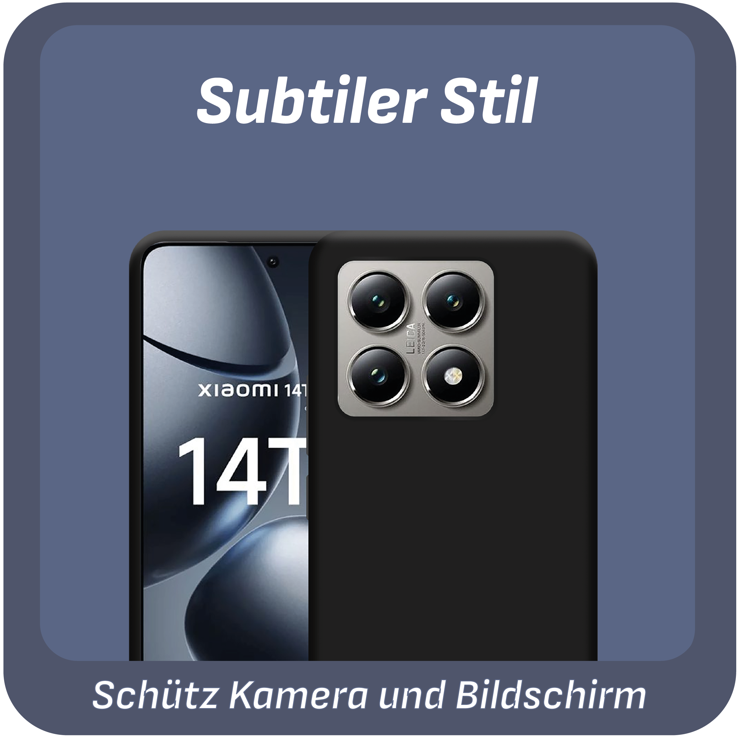 Schwarzes Telefon mit Kamera, in schwarzer Hülle. Text: Kamera und Bildschirm schützen. Subtiler Stil.